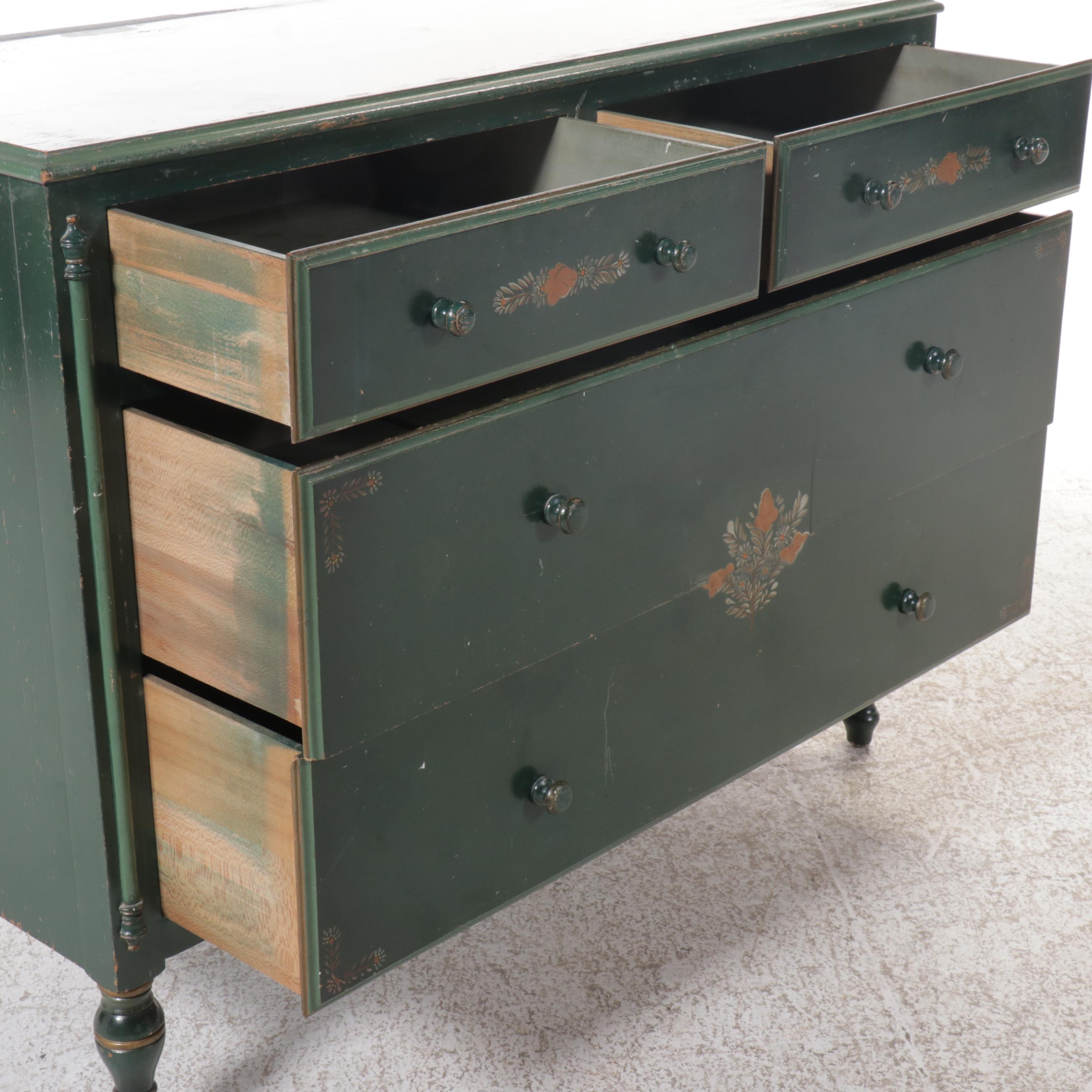 Stickley Bros. Co. Paint-Decorated Wood Dresser with Mirror, Mid-20th Century