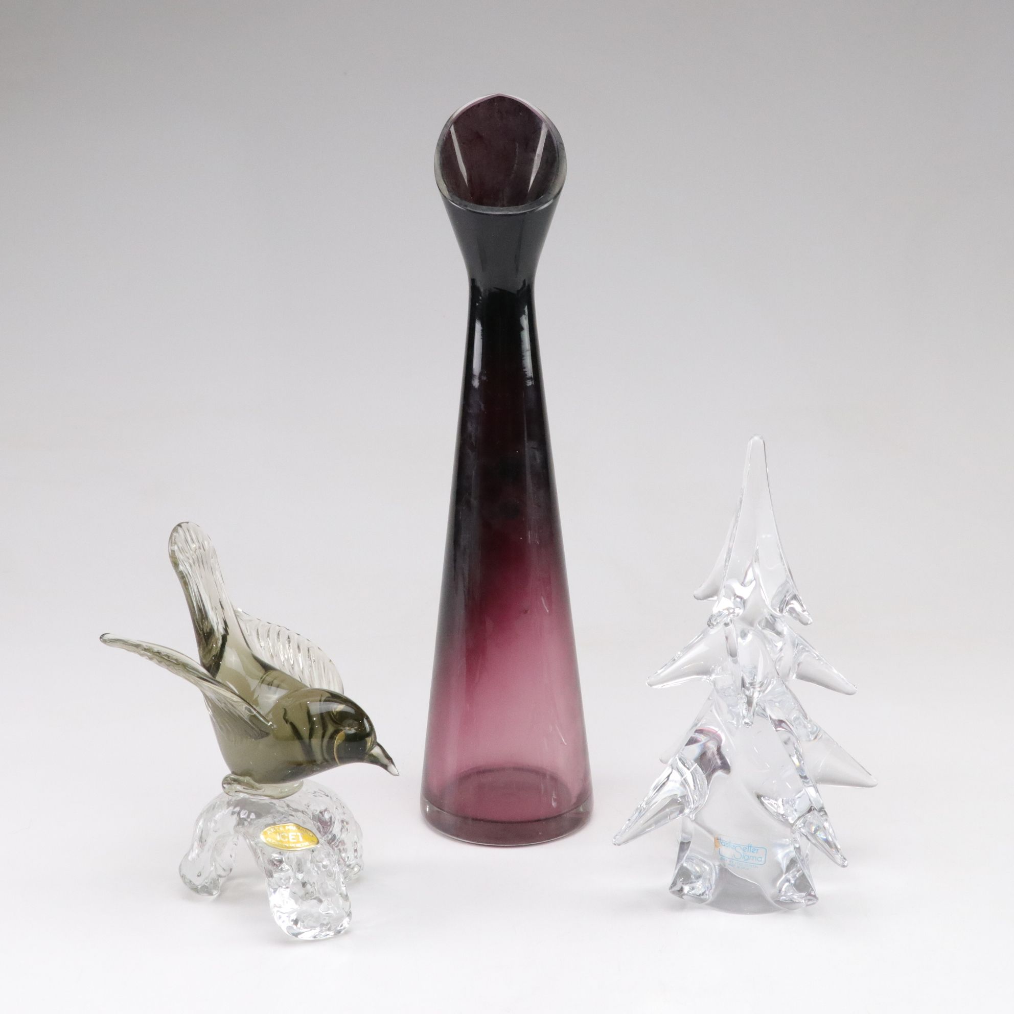 Arte Murano Crystal Bird with Hessian Glass Amethyst Decanter and Tree Figurine