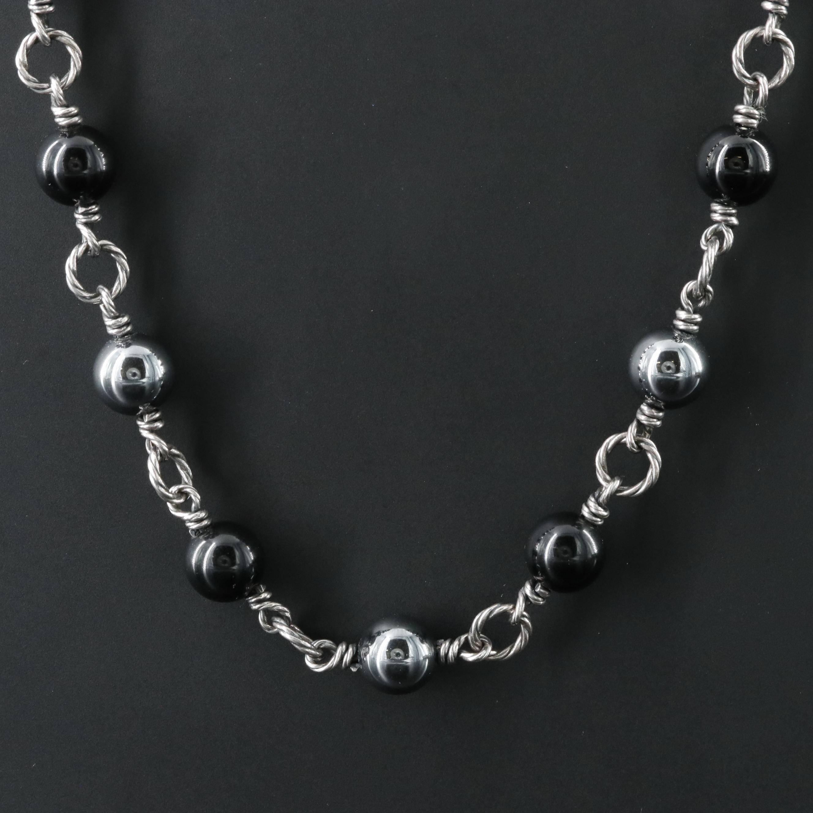 David Yurman Sterling Hematite and Black Onyx Station Bead Necklace