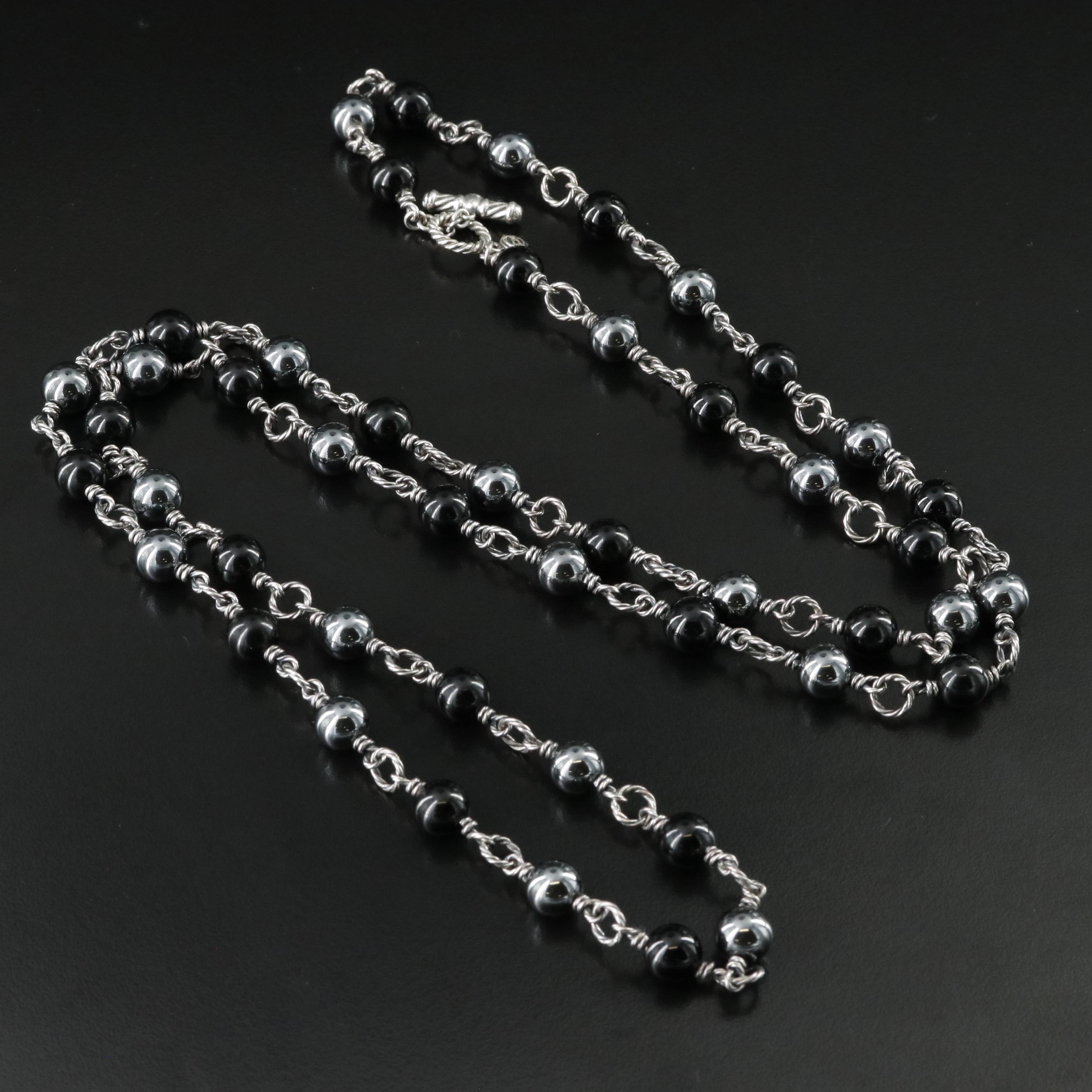 David Yurman Sterling Hematite and Black Onyx Station Bead Necklace