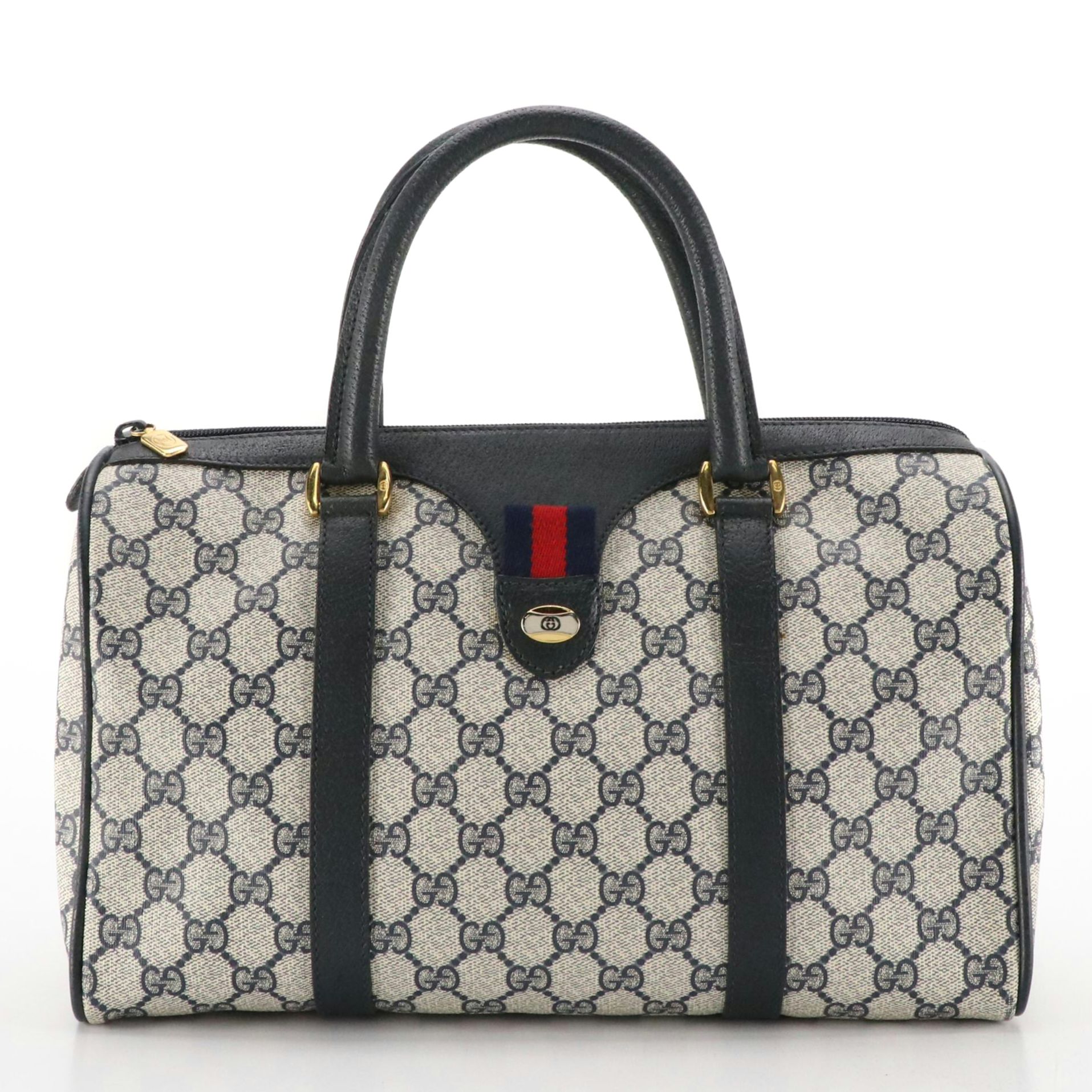 Gucci Accessory Collection Boston Bag in Navy Blue GG Supreme Canvas & Leather