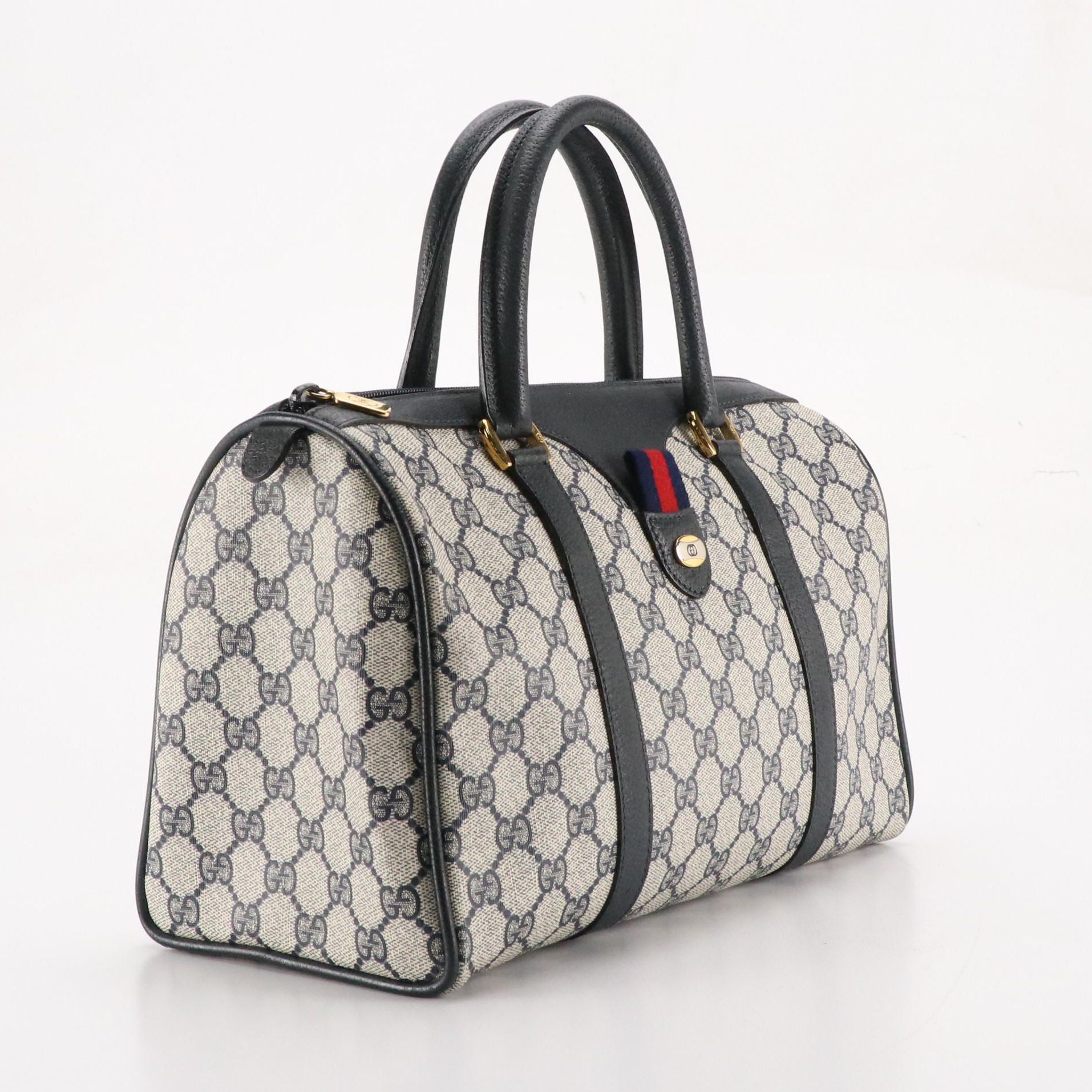 Gucci Accessory Collection Boston Bag in Navy Blue GG Supreme Canvas & Leather