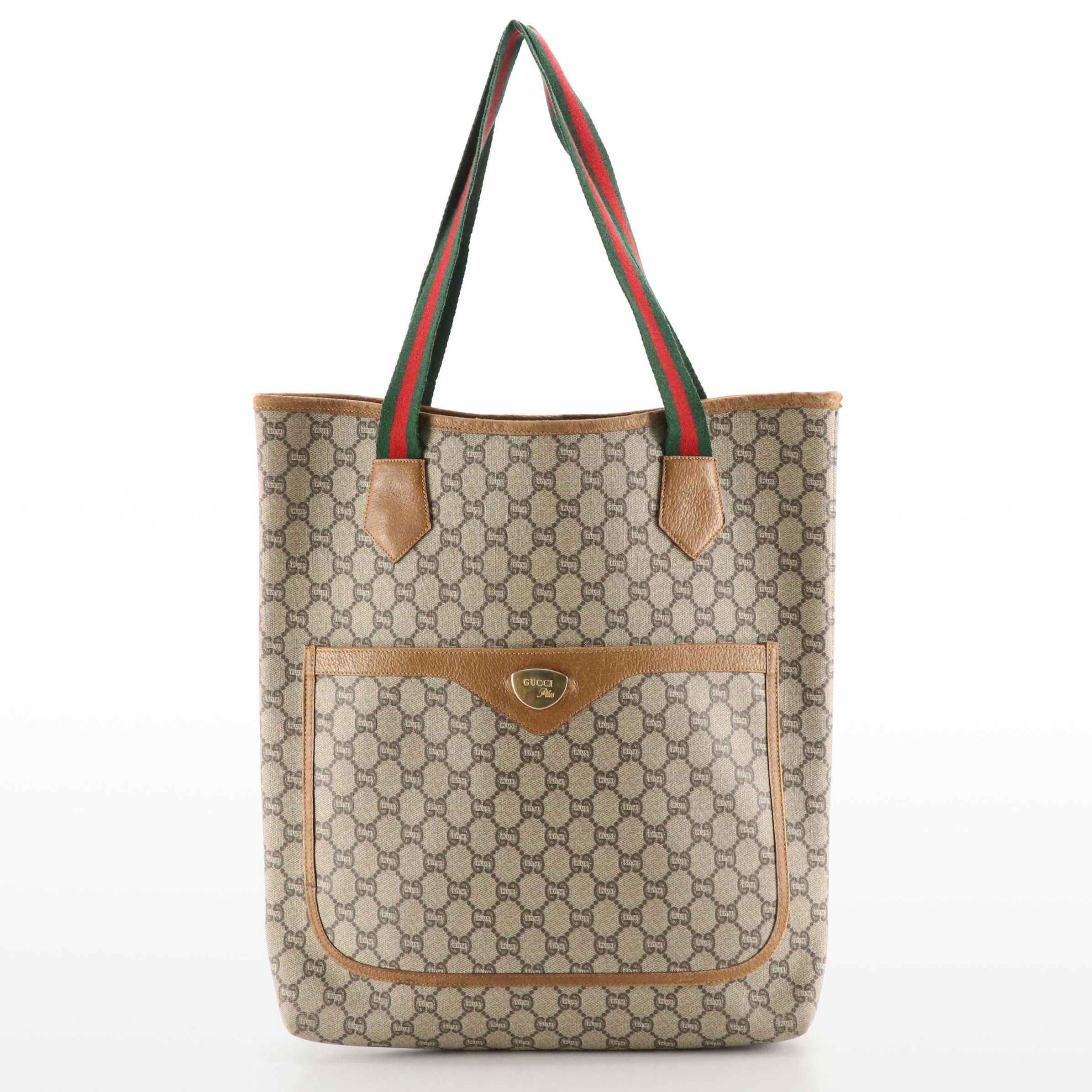 Gucci Plus Front Pocket Tote in GG Supreme Canvas, Leather and Web Straps