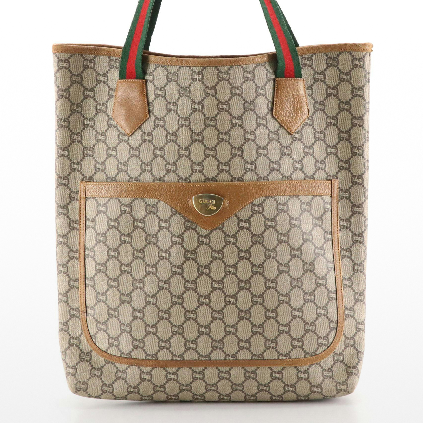 Gucci Plus Front Pocket Tote in GG Supreme Canvas, Leather and Web Straps