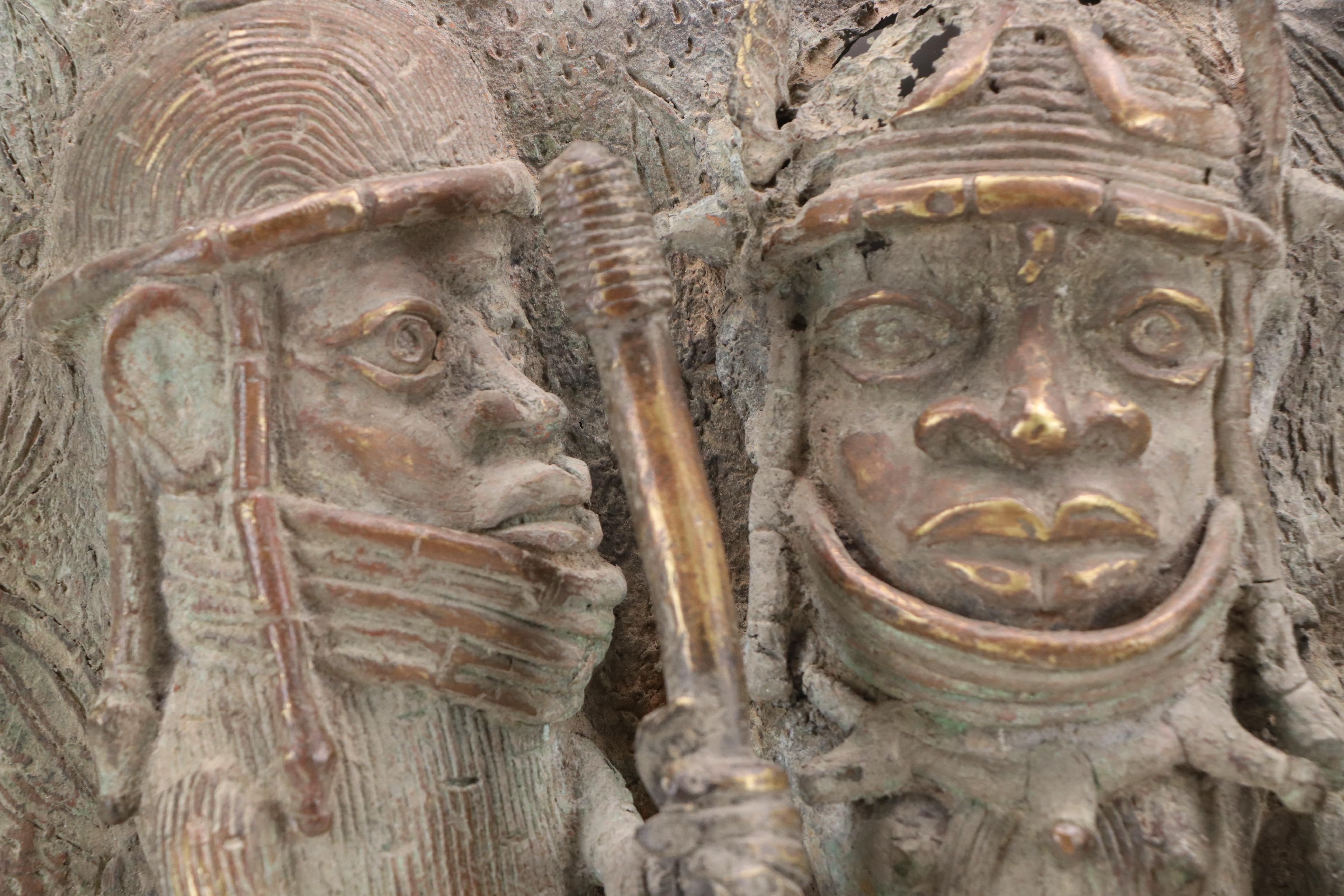 Benin Bronze Relief Plaque of Ọ́bà with Attendants