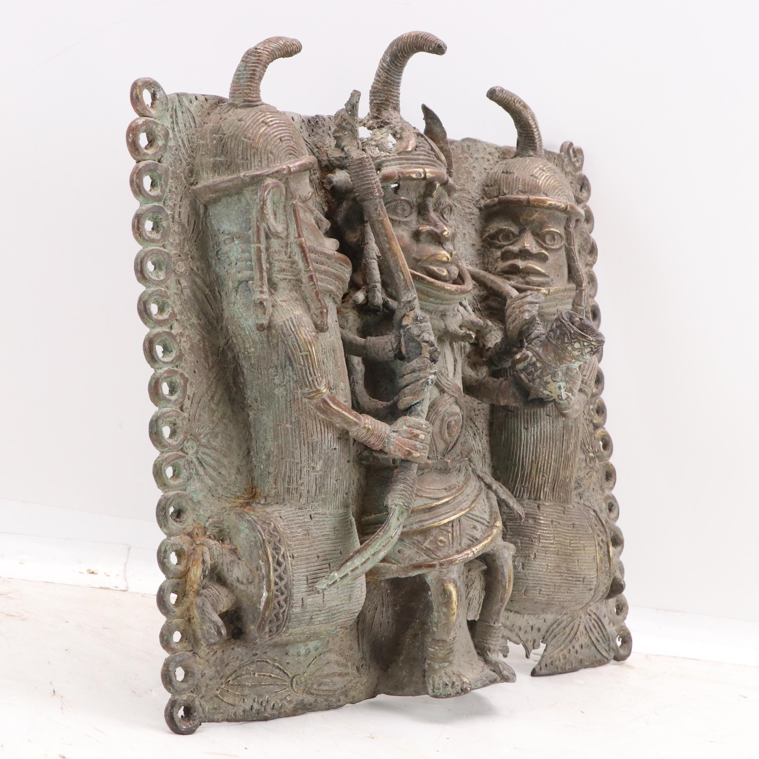 Benin Bronze Relief Plaque of Ọ́bà with Attendants