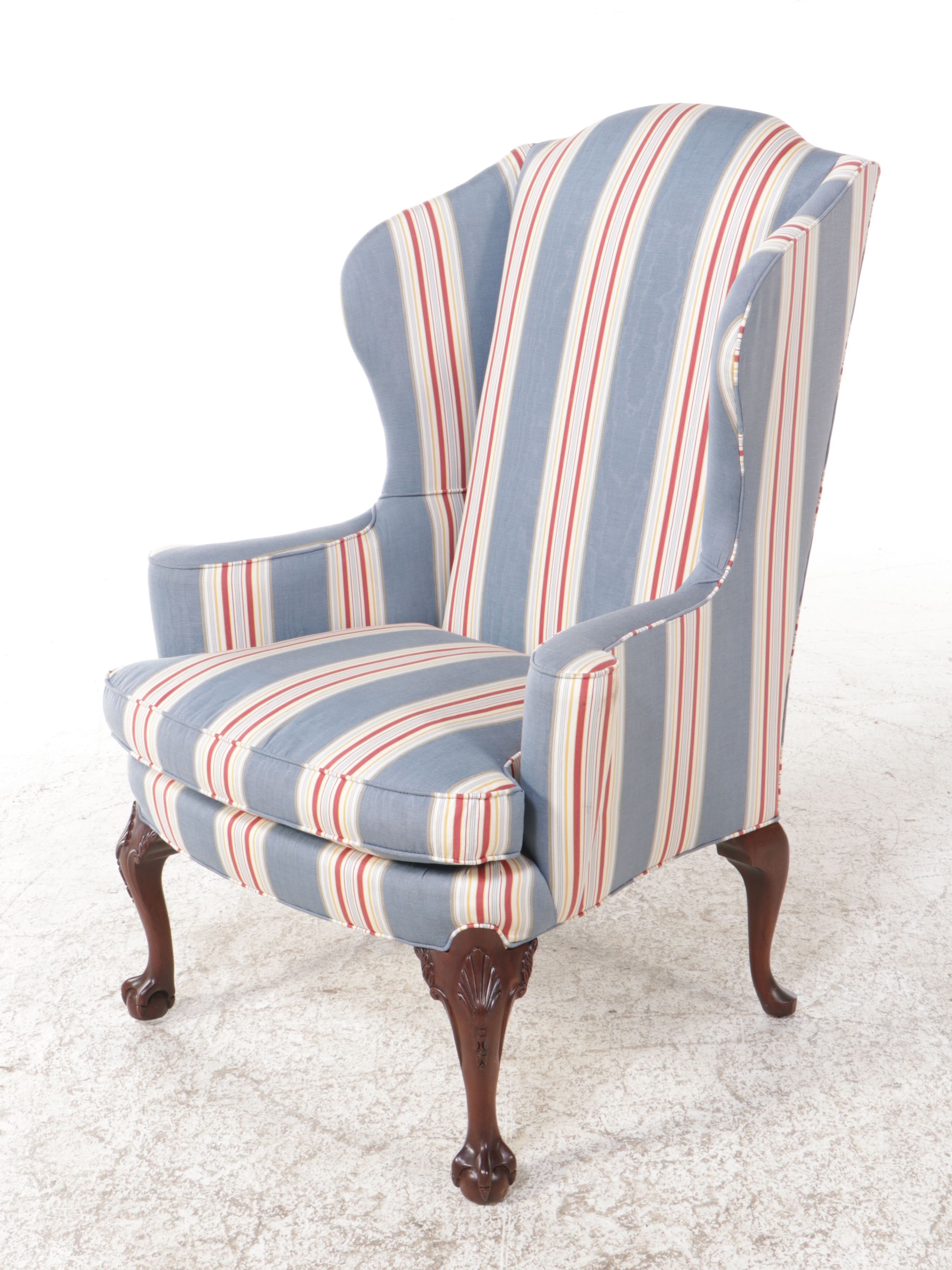 Stickley Chippendale Style Striped Wingback Armchair