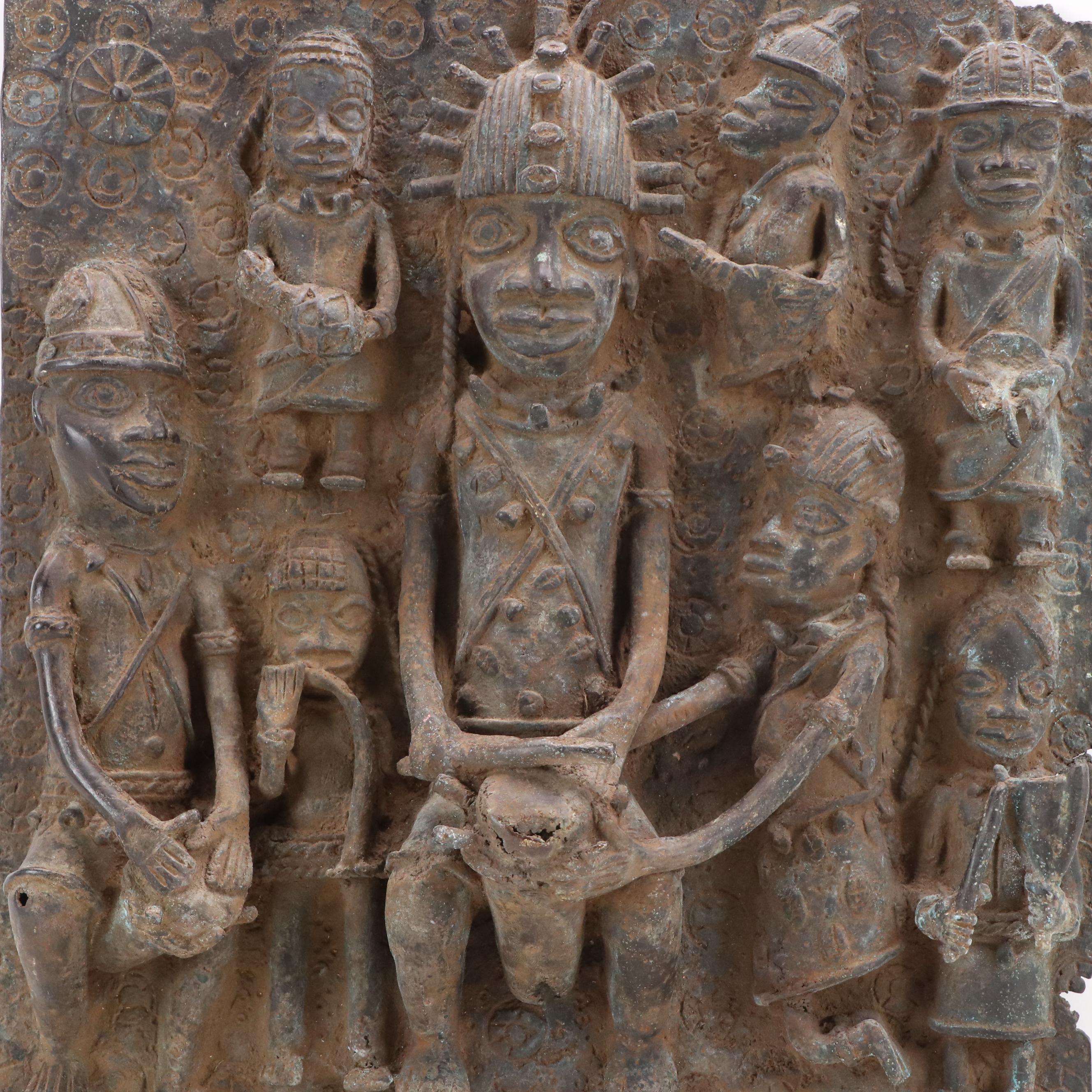 Benin Bronze Relief Plaque of Ọ́bà with Attendants