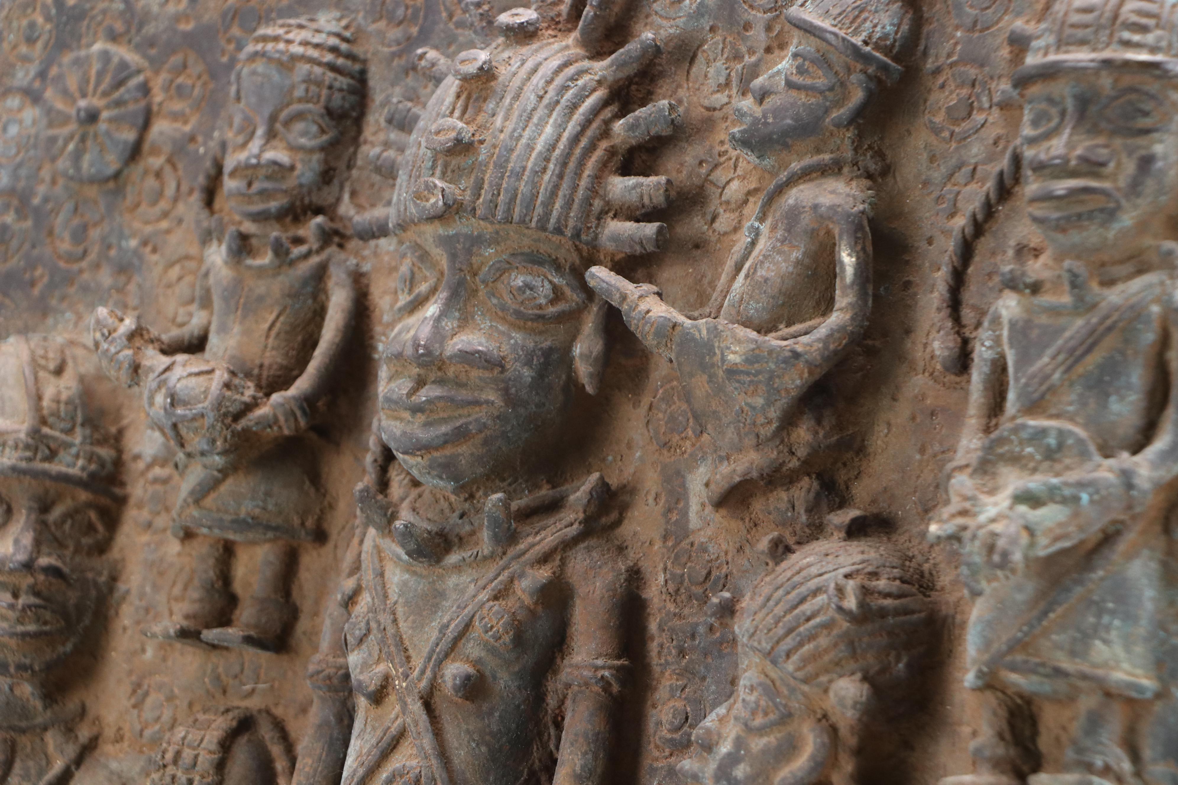 Benin Bronze Relief Plaque of Ọ́bà with Attendants