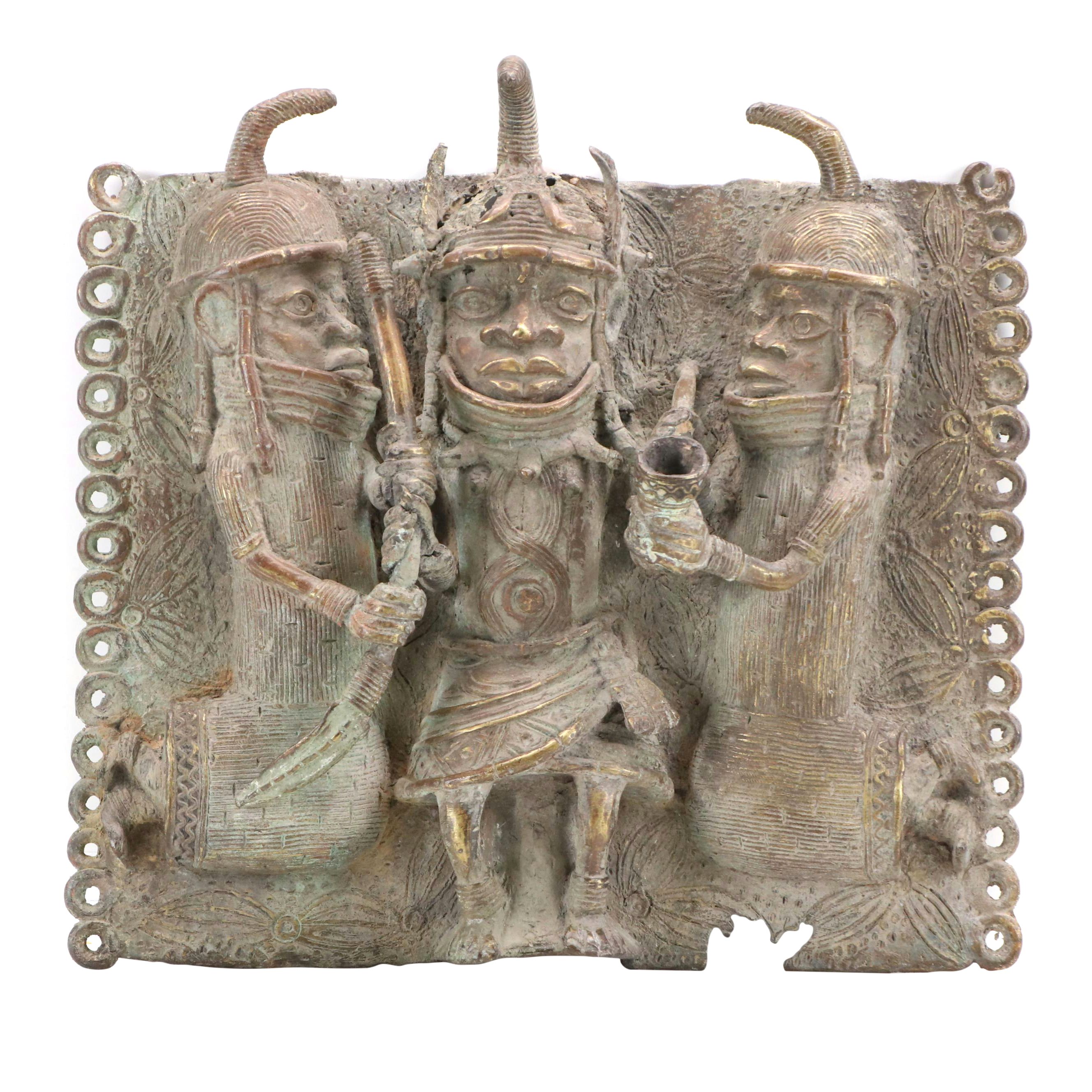 Benin Bronze Relief Plaque of Ọ́bà with Attendants