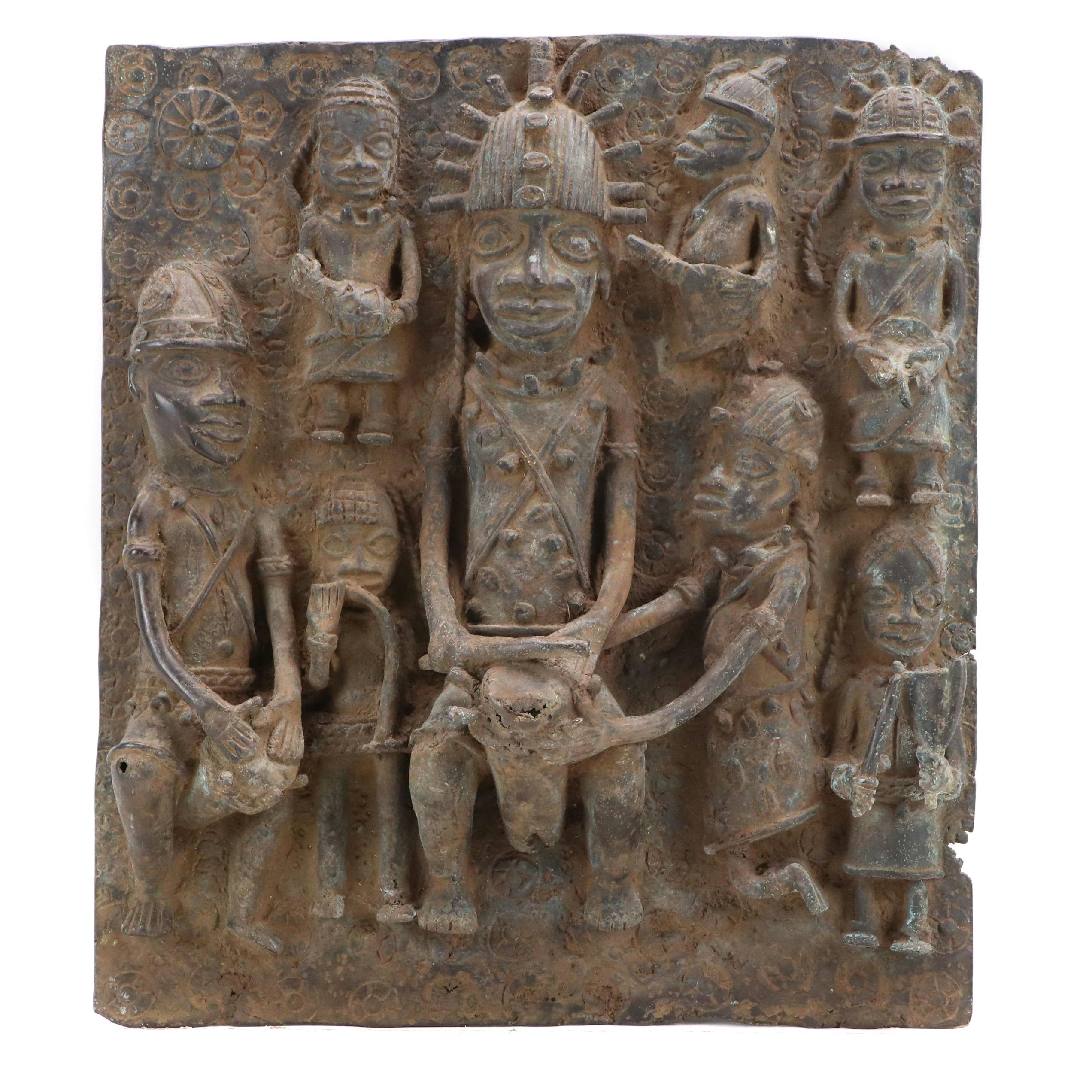 Benin Bronze Relief Plaque of Ọ́bà with Attendants