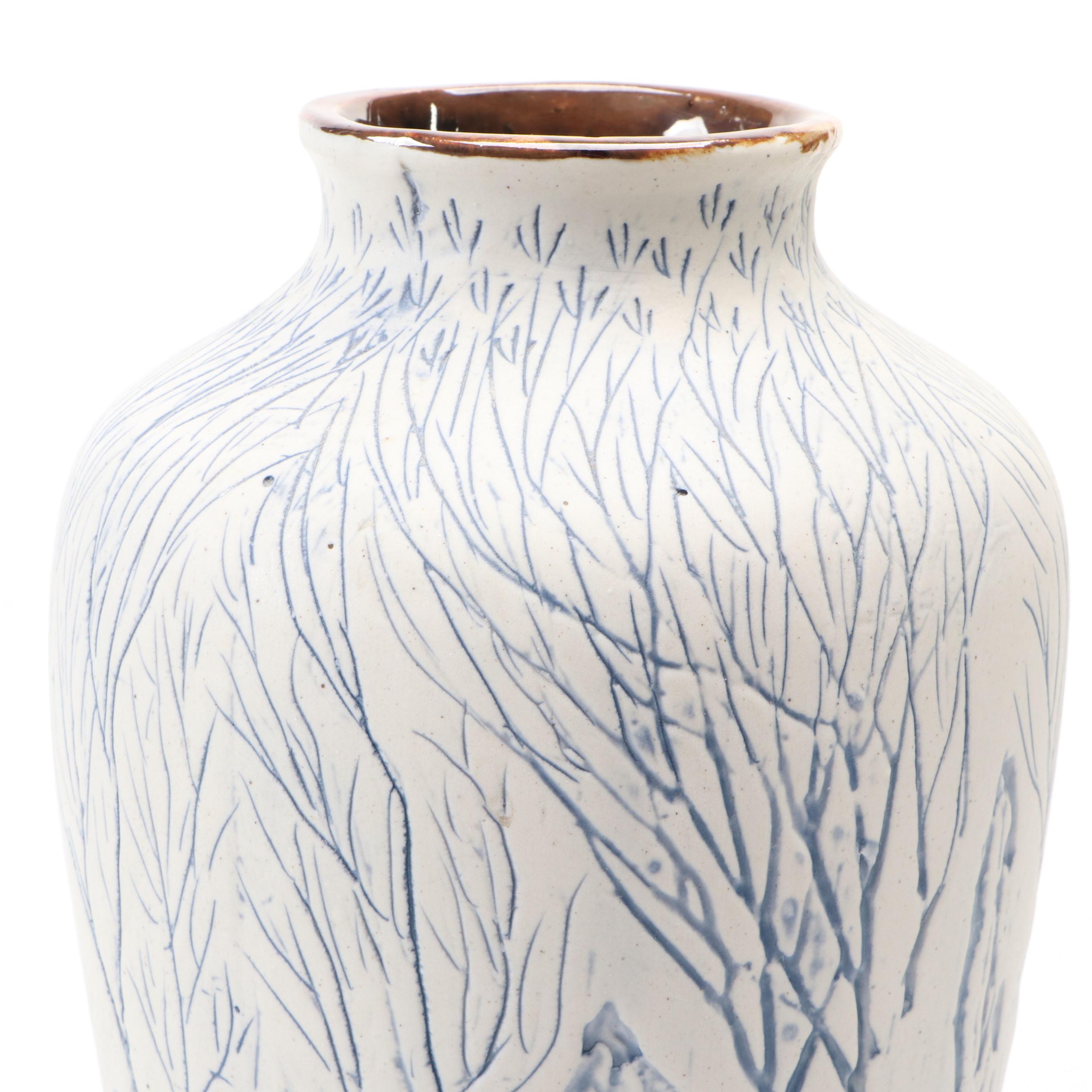 White and Blue Art Pottery Forest Scene Vase