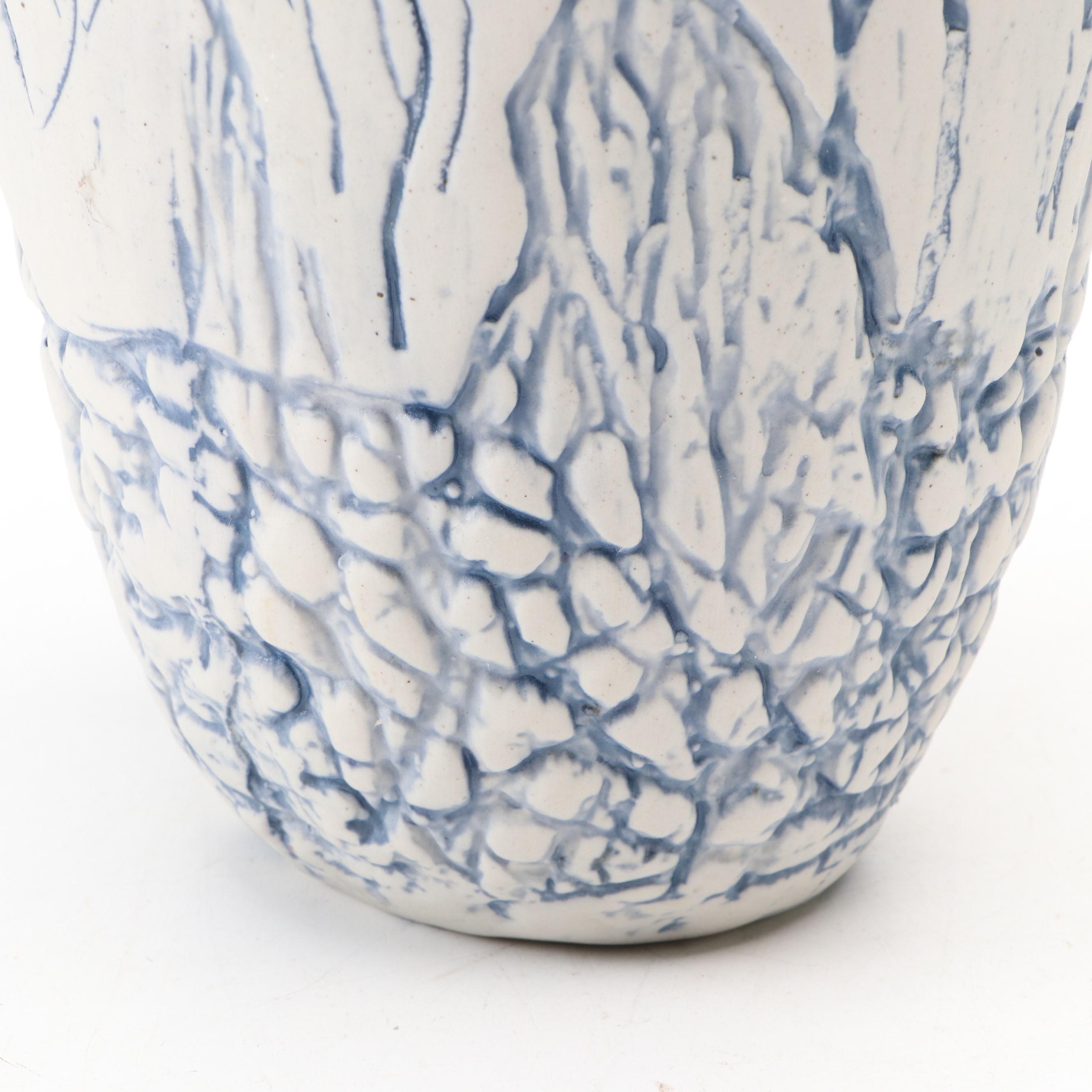 White and Blue Art Pottery Forest Scene Vase