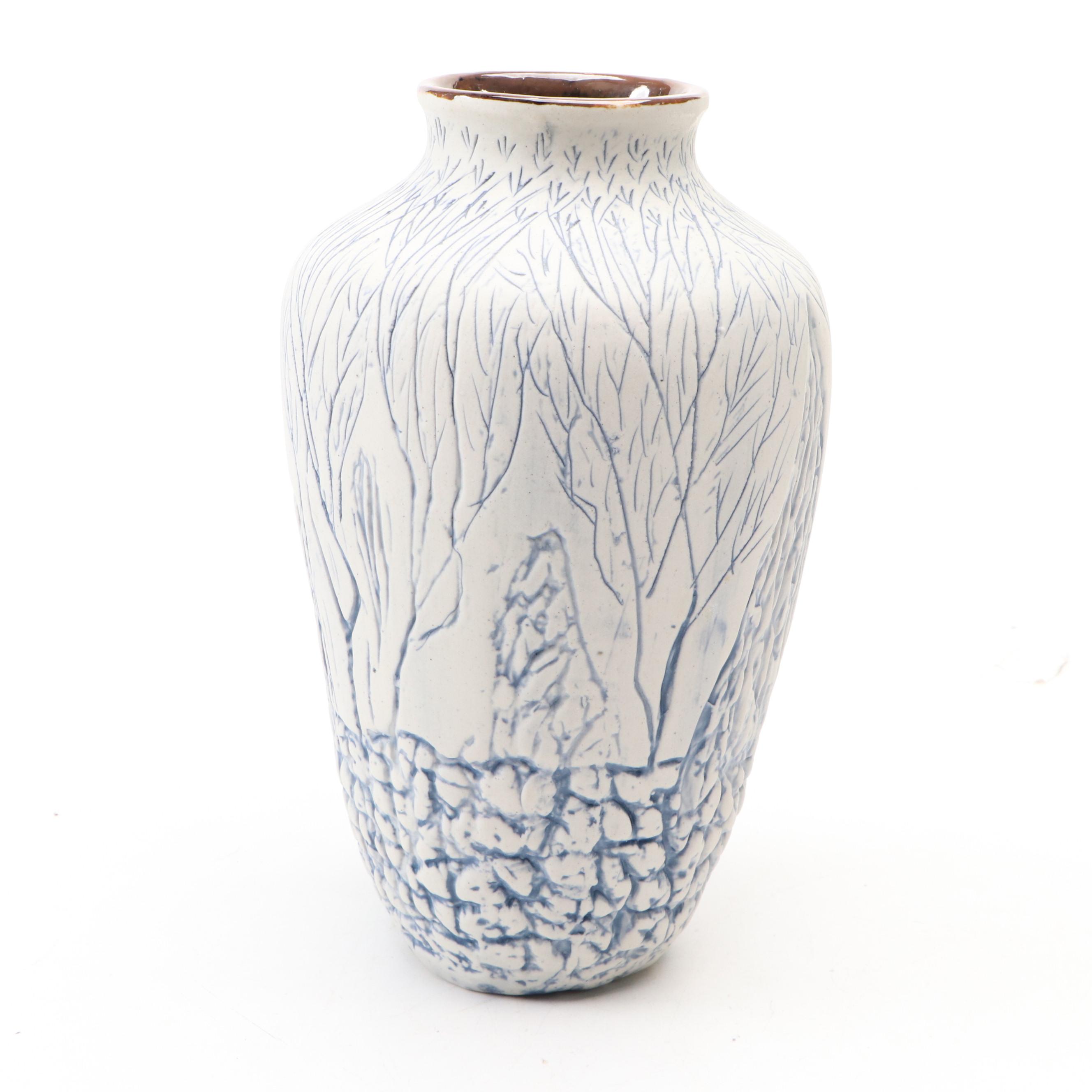 White and Blue Art Pottery Forest Scene Vase