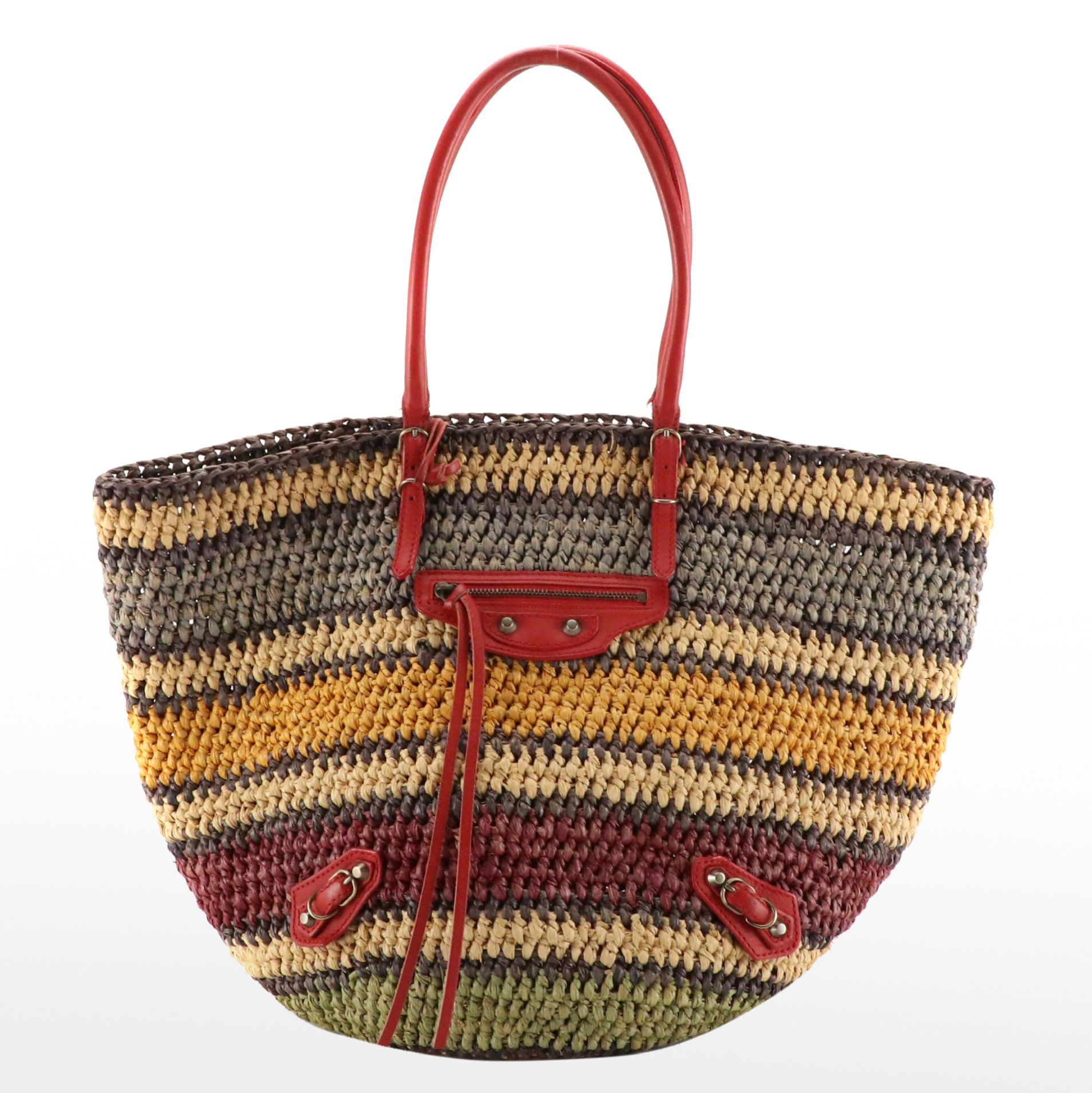 Balenciaga Panier Basket Tote in Multicolor Woven Raffia and Red Leather