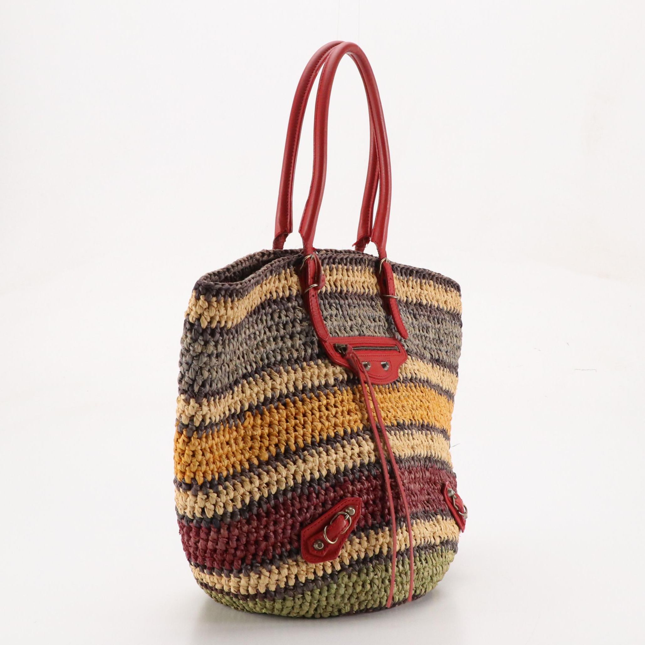 Balenciaga Panier Basket Tote in Multicolor Woven Raffia and Red Leather