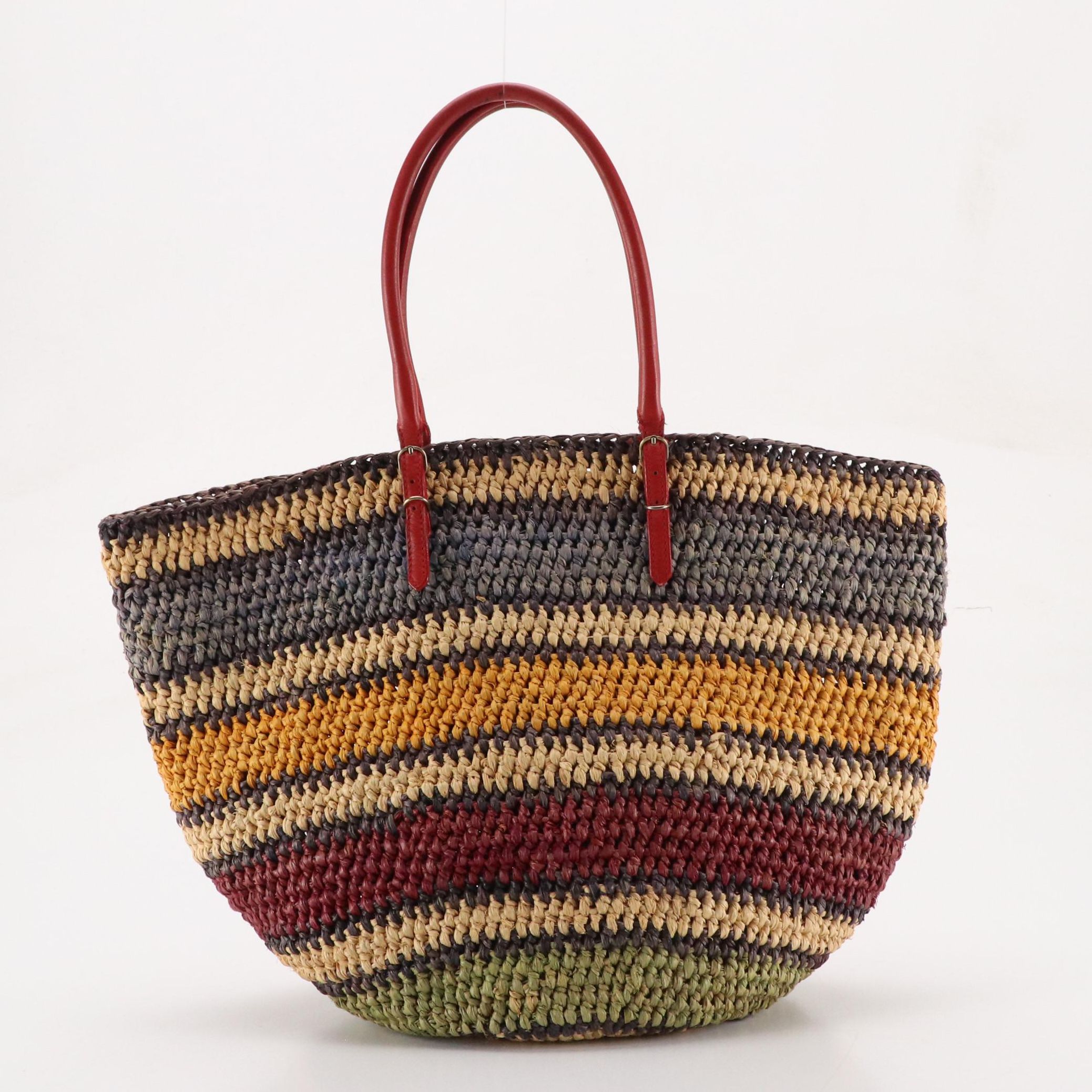Balenciaga Panier Basket Tote in Multicolor Woven Raffia and Red Leather
