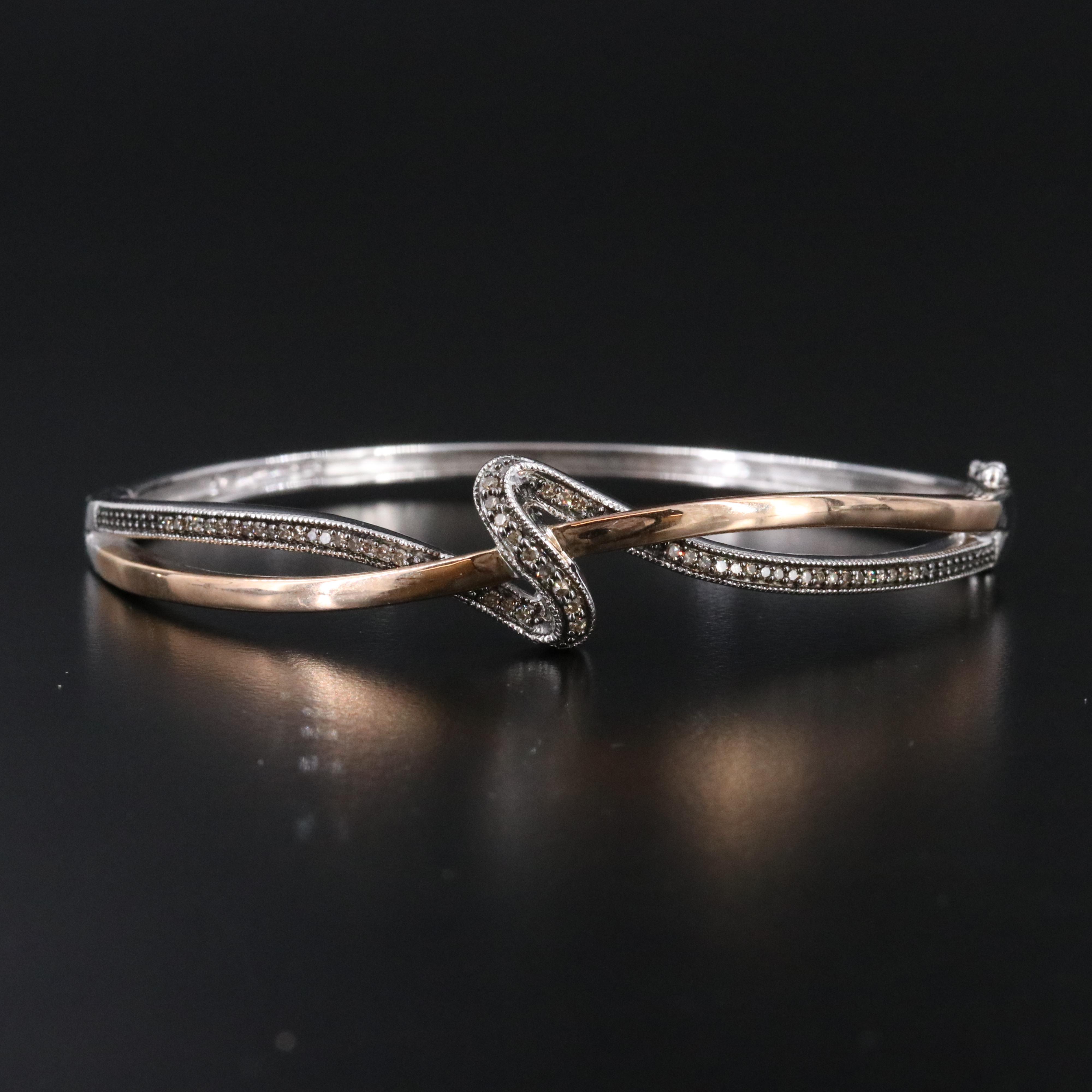 Sterling Diamond Hinged Bangle with 10K Rose Gold Accent