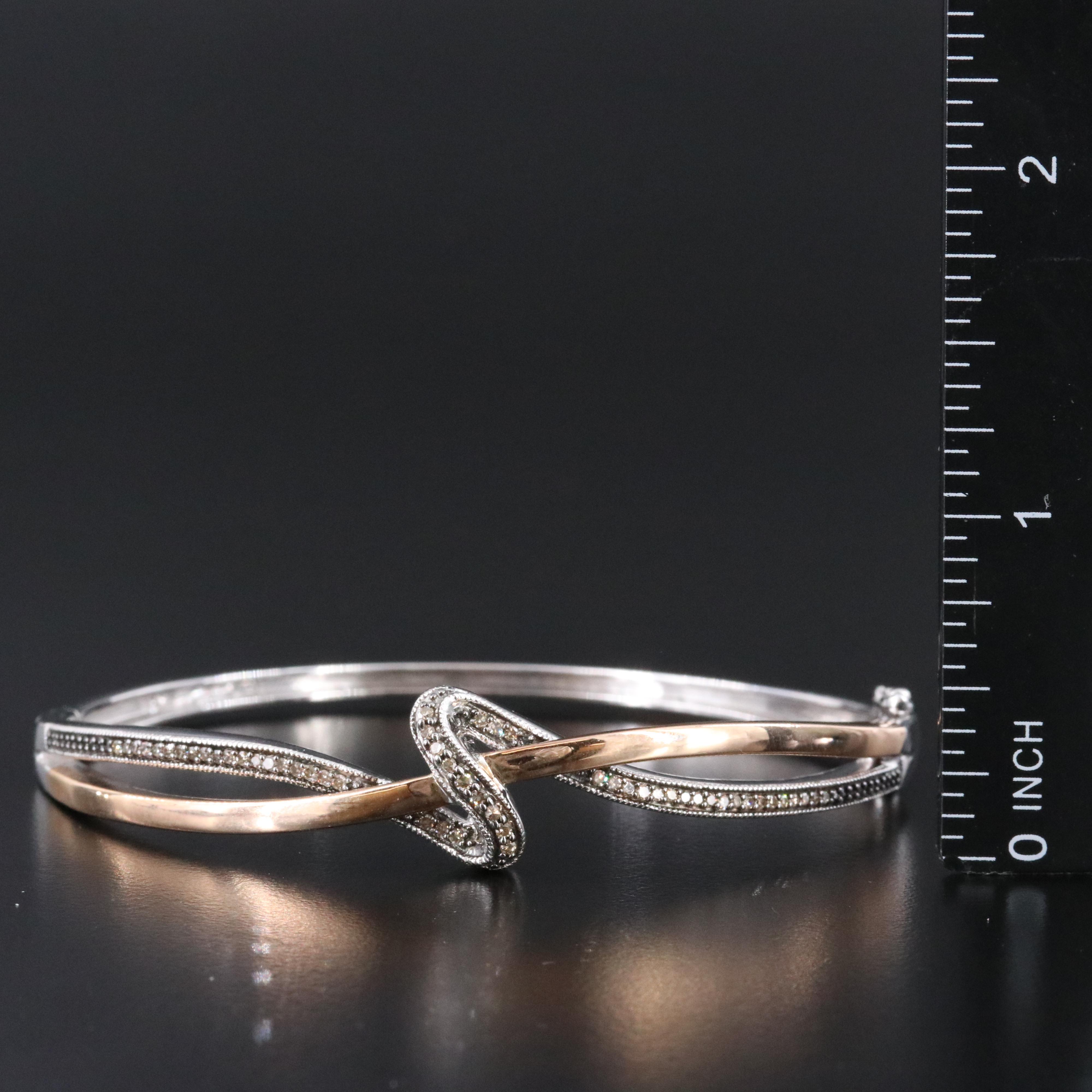 Sterling Diamond Hinged Bangle with 10K Rose Gold Accent