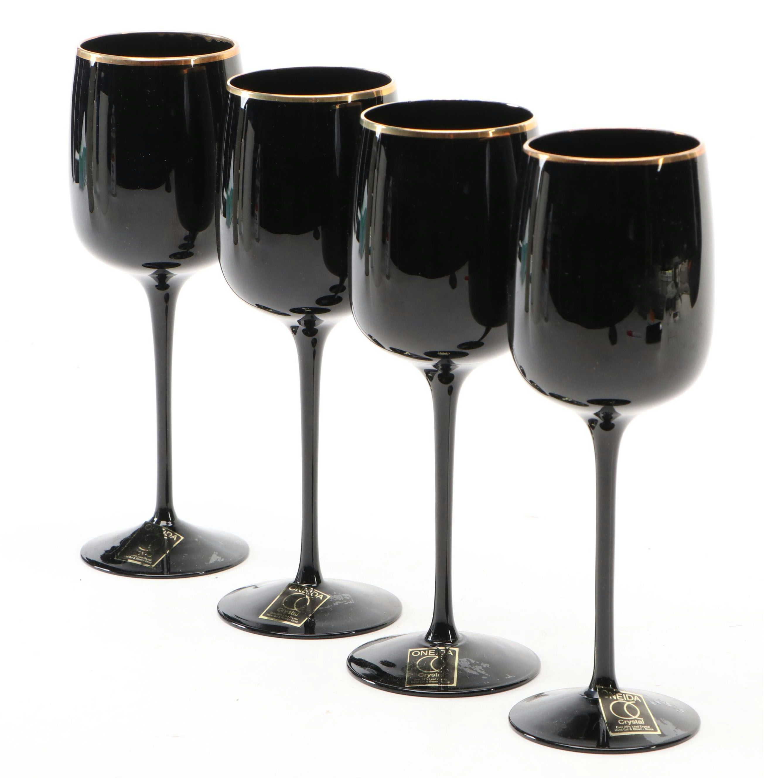 Set of Four Oneida "Minx Black" Gilt Rimmed Crystal Wine Glasses