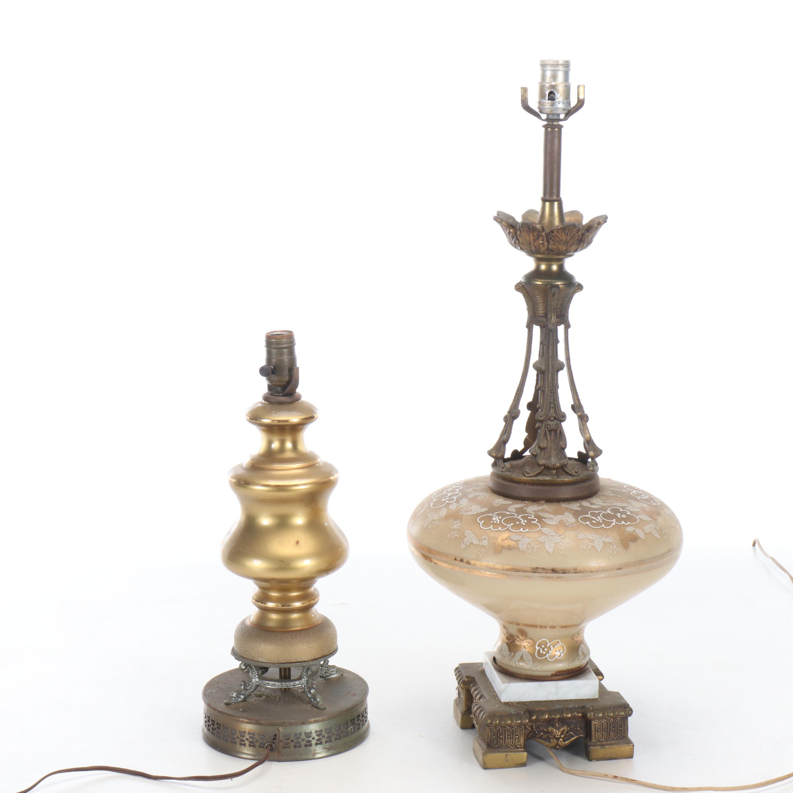Hollywood Regency Style Paint-Decorated Glass Accent and Table Lamps, Vintage
