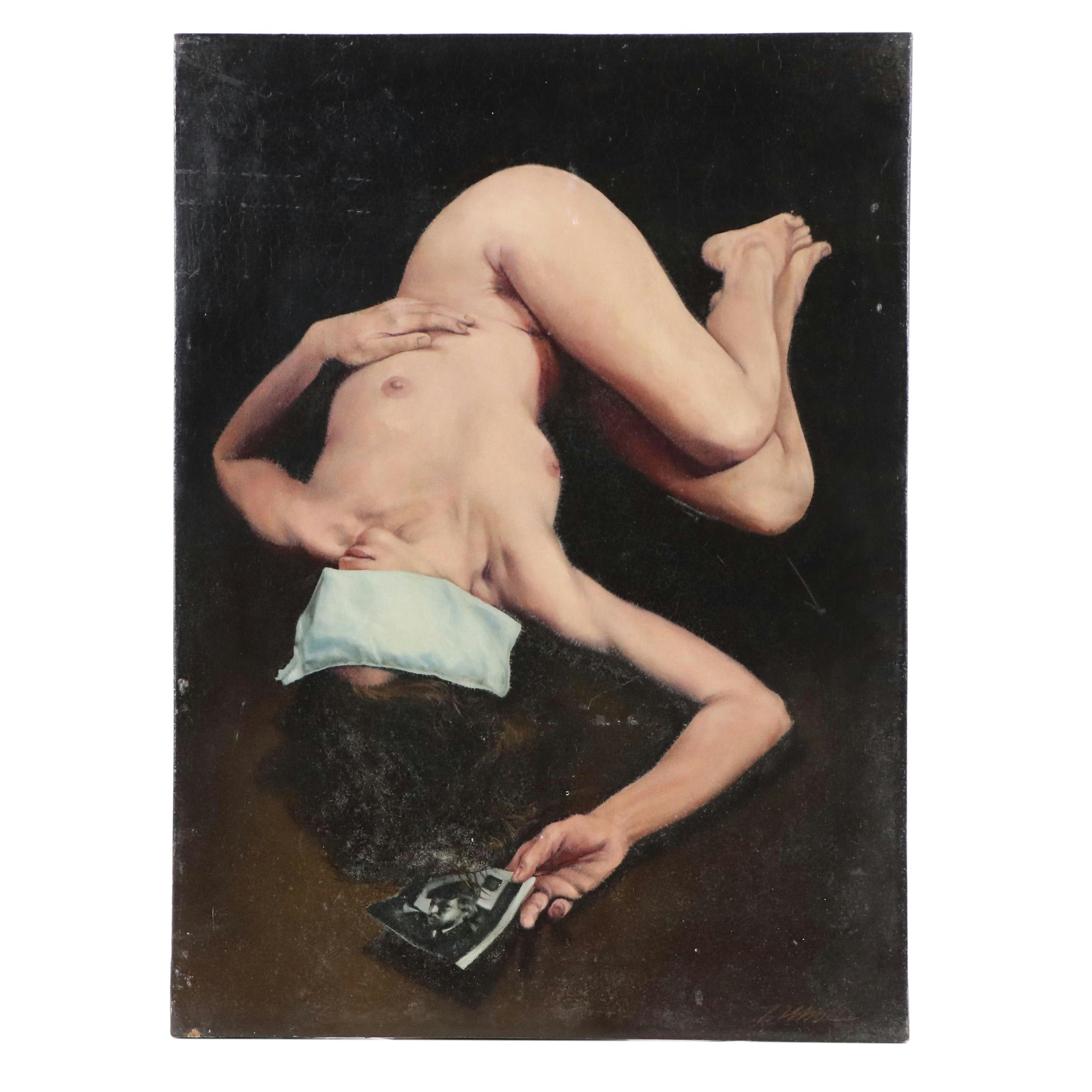 Allegorical Realism Oil Painting of Laying Female Figure, Late 20th C.