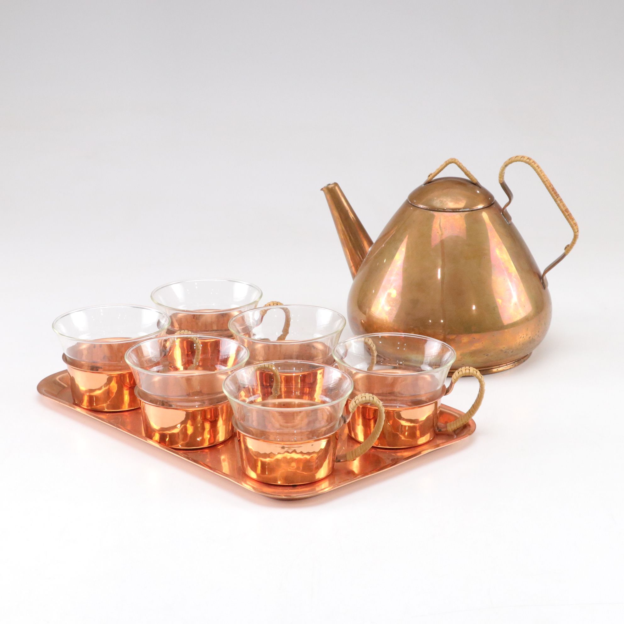 Wager Copper & Wicker Teapot with Cups & Serving Tray