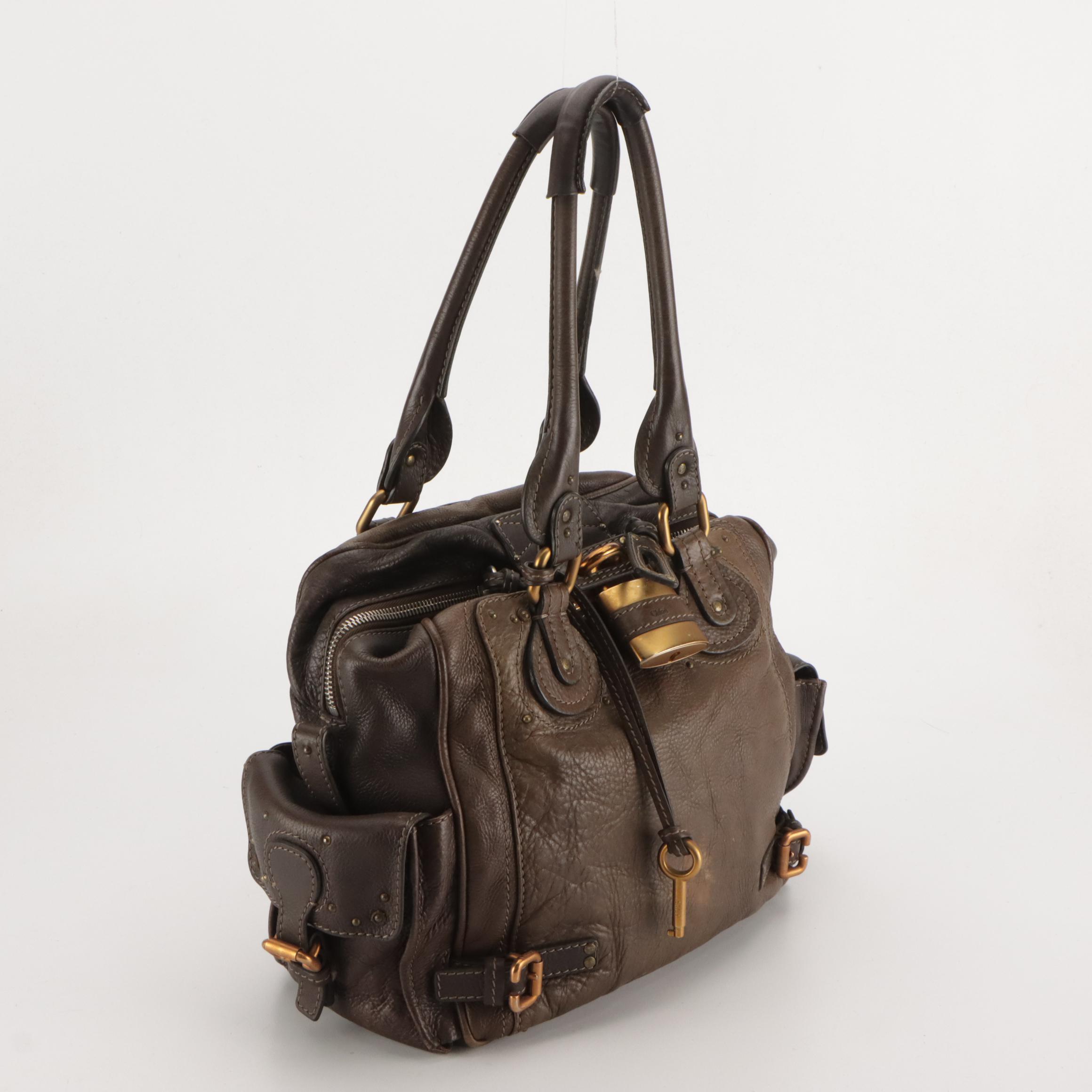 Chloé Paddington Side-Pocket Satchel Bag in Brown Grained Leather