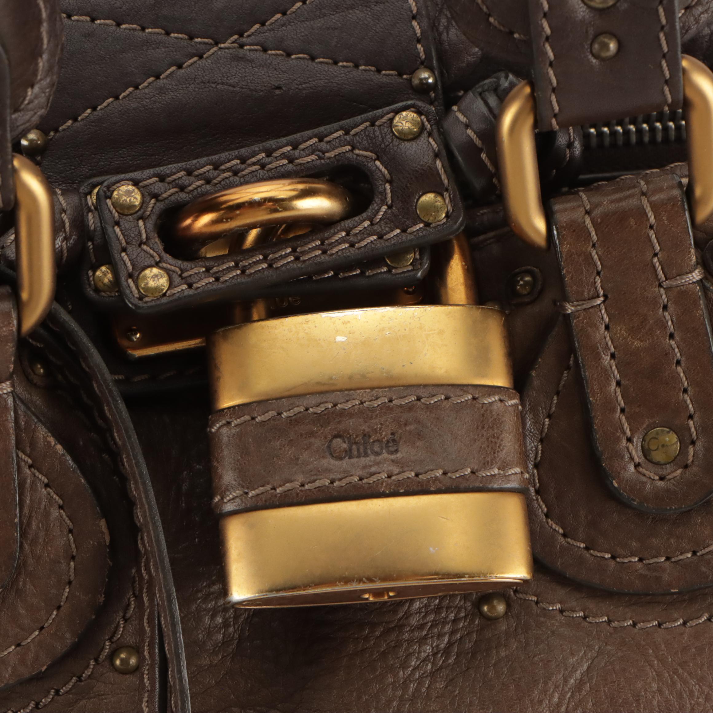 Chloé Paddington Side-Pocket Satchel Bag in Brown Grained Leather