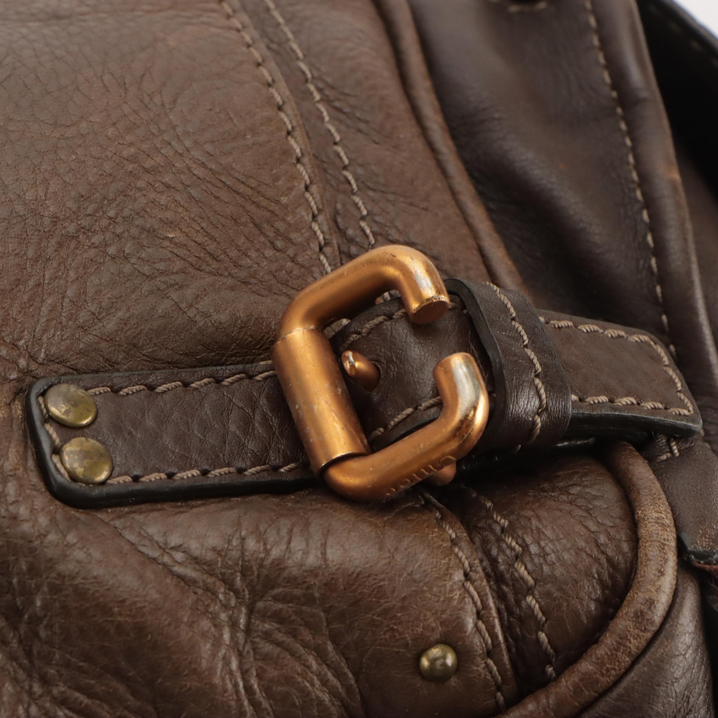 Chloé Paddington Side-Pocket Satchel Bag in Brown Grained Leather