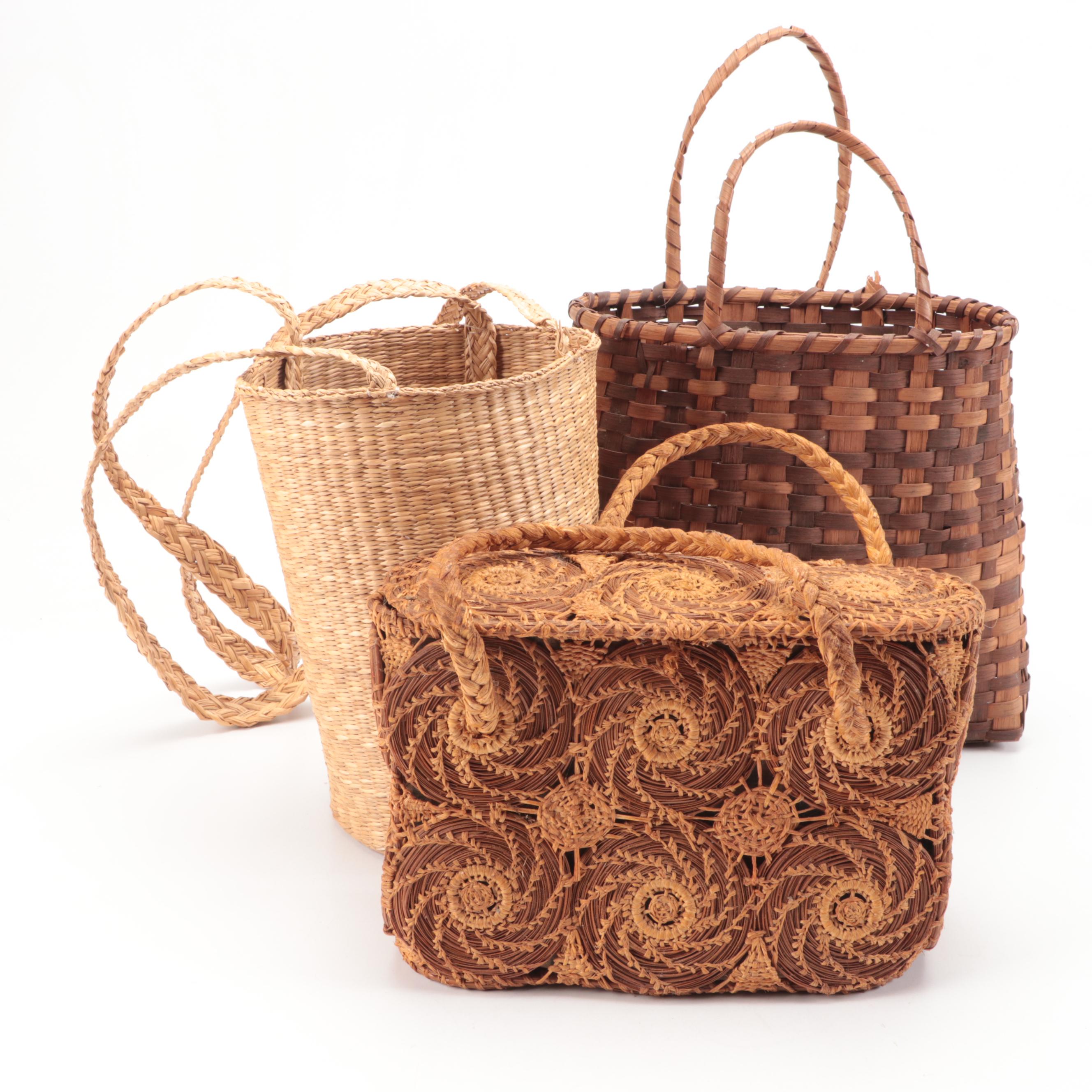 Vintage Handwoven Pinestraw Handbag with Other Grass and Split Wood Baskets