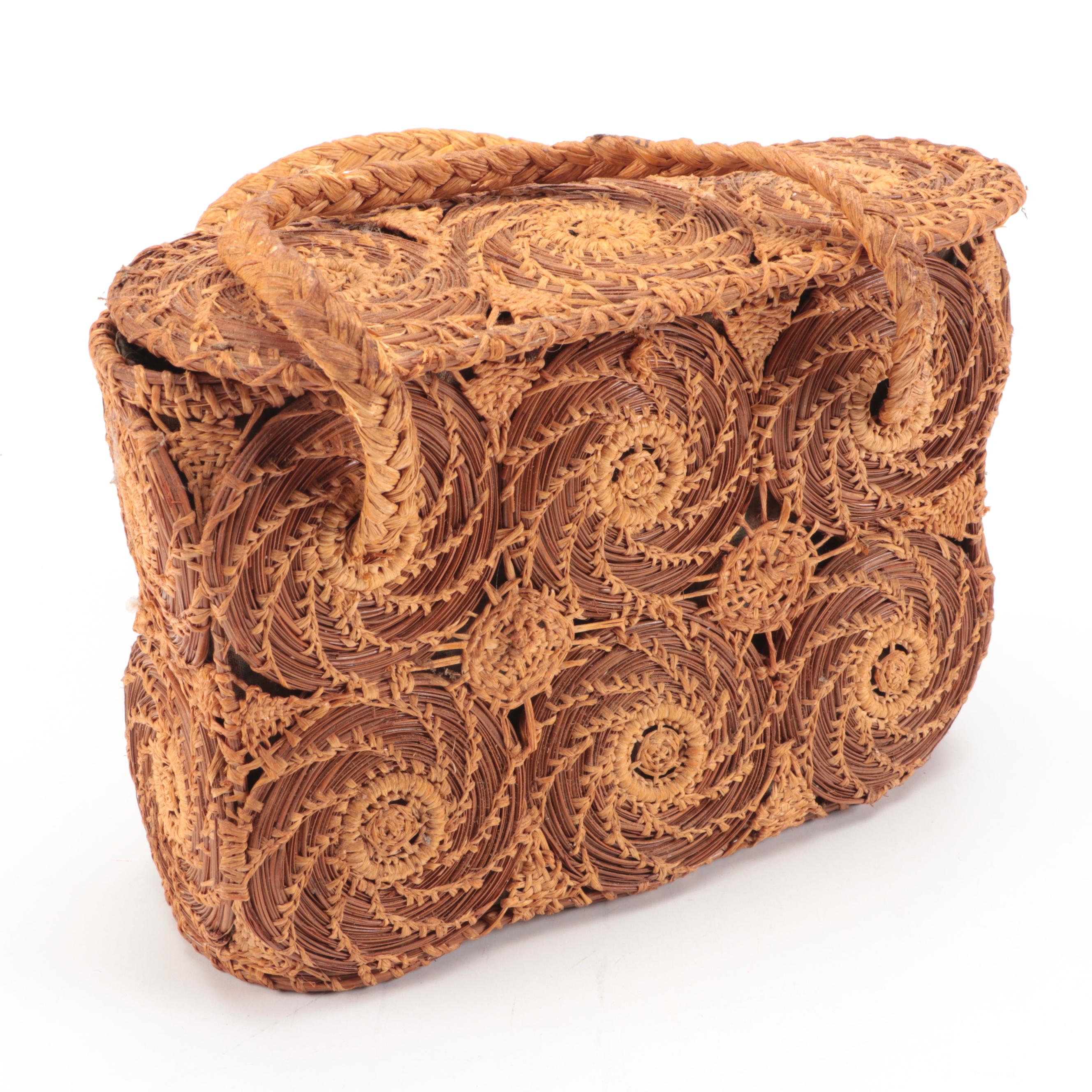 Vintage Handwoven Pinestraw Handbag with Other Grass and Split Wood Baskets