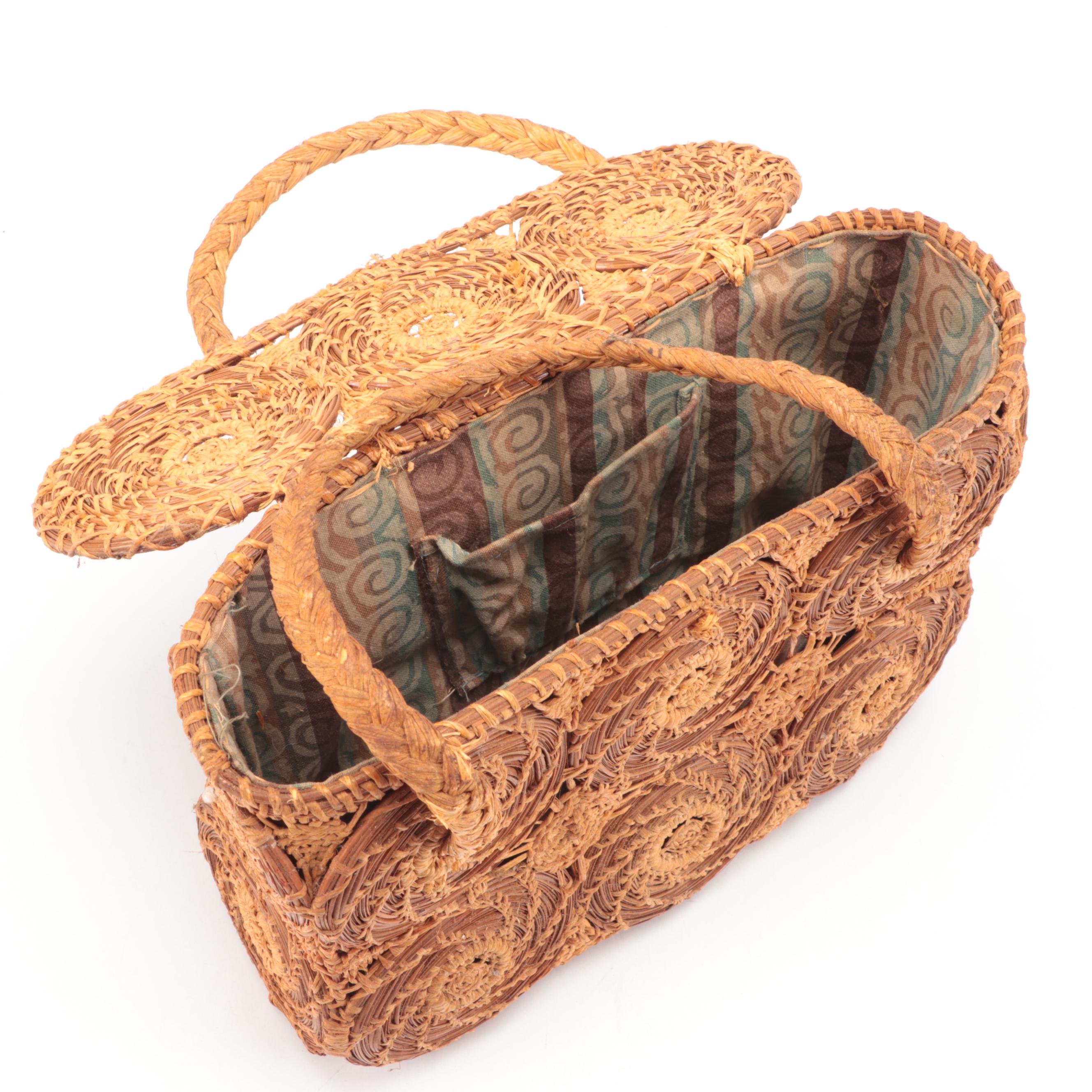 Vintage Handwoven Pinestraw Handbag with Other Grass and Split Wood Baskets
