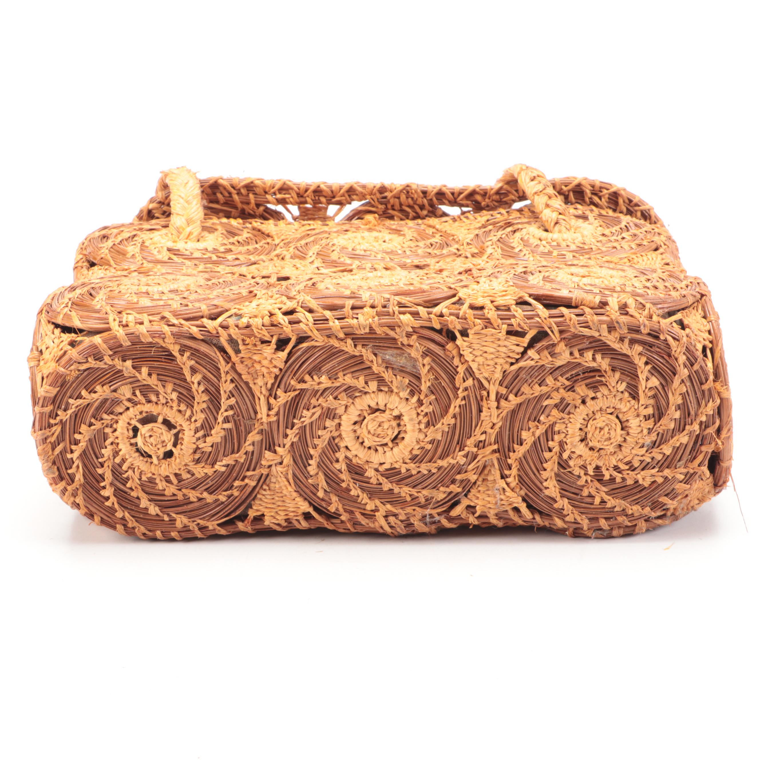 Vintage Handwoven Pinestraw Handbag with Other Grass and Split Wood Baskets