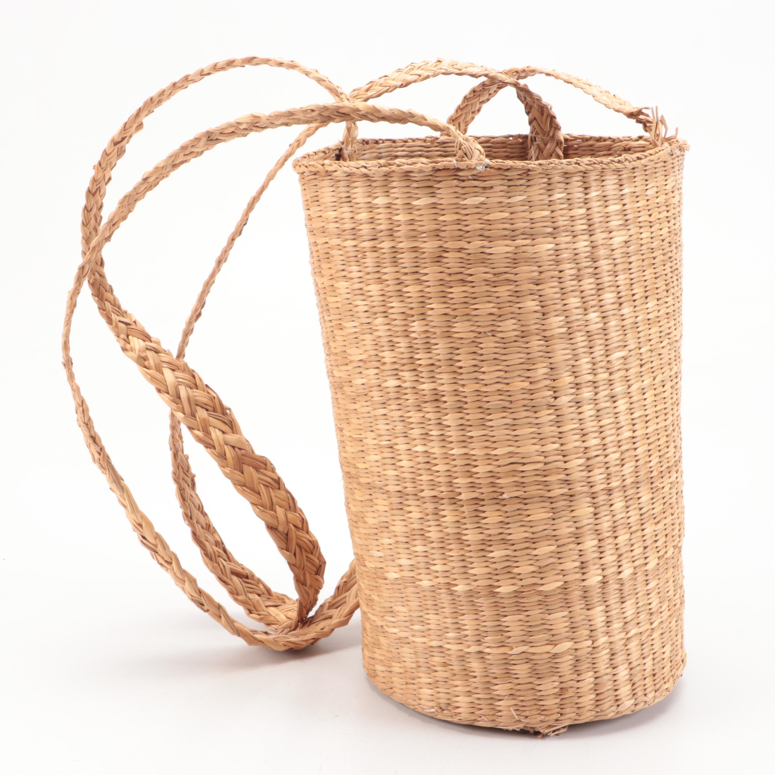 Vintage Handwoven Pinestraw Handbag with Other Grass and Split Wood Baskets