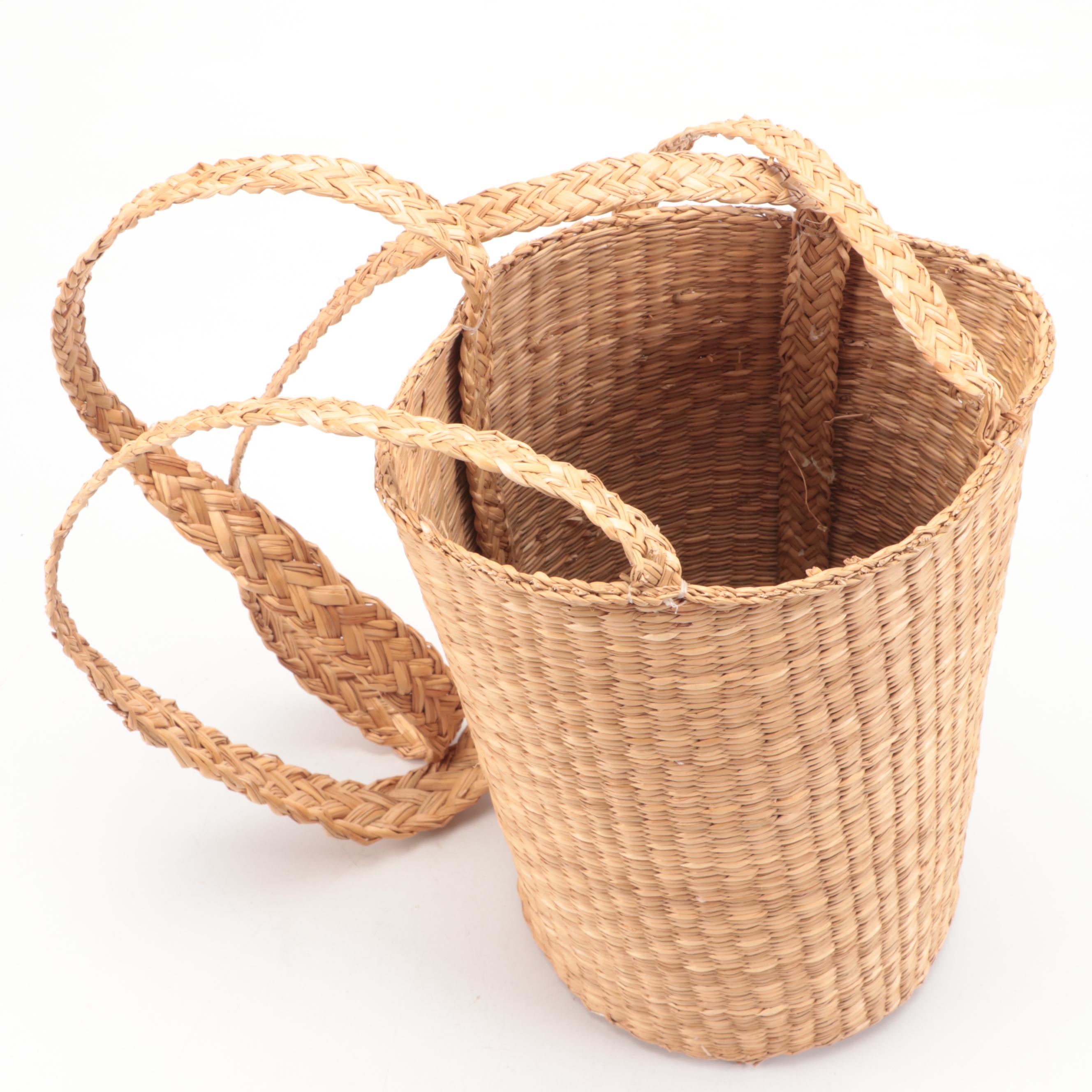 Vintage Handwoven Pinestraw Handbag with Other Grass and Split Wood Baskets