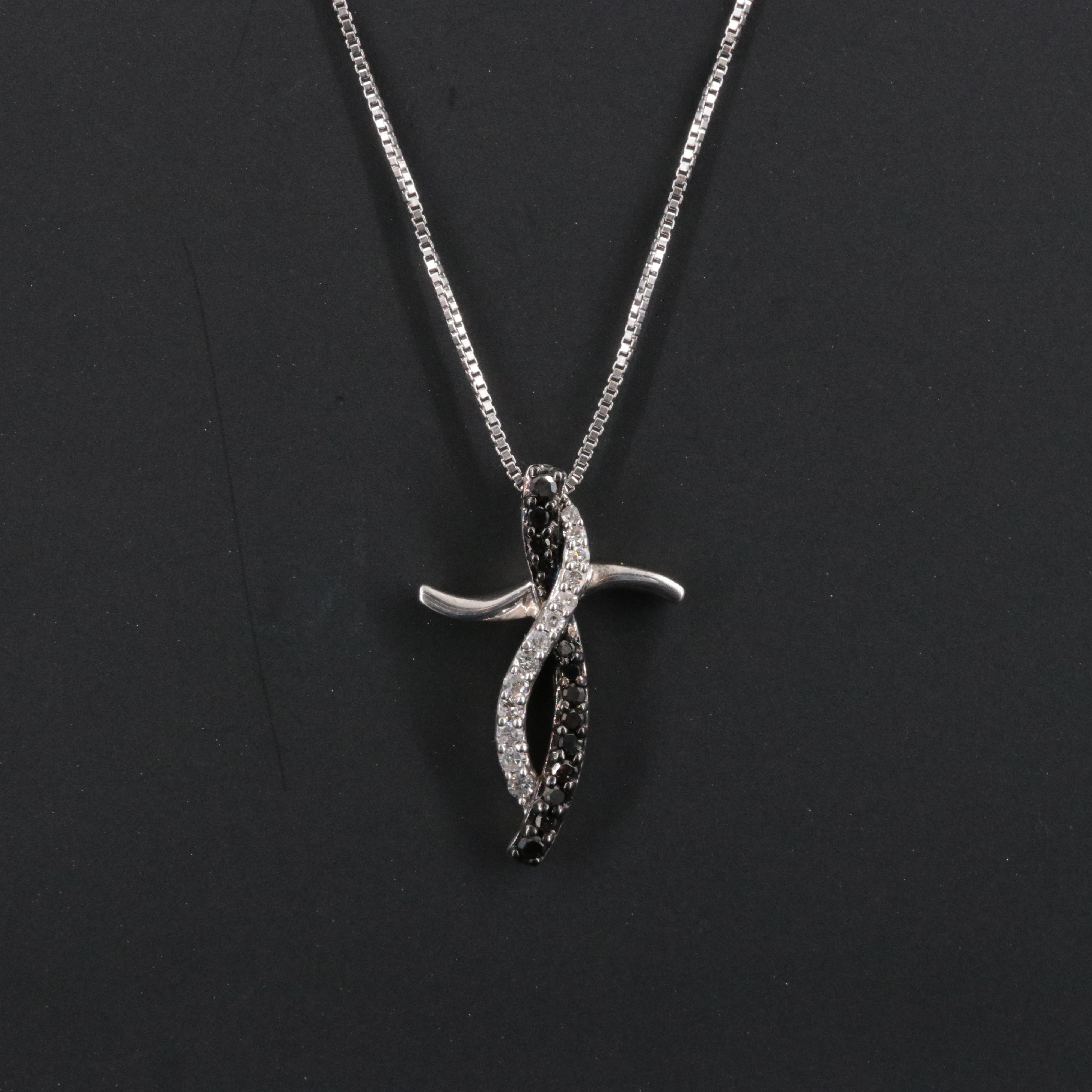 Sterling Diamond Cross Pendant Necklace Featuring Fancy Black