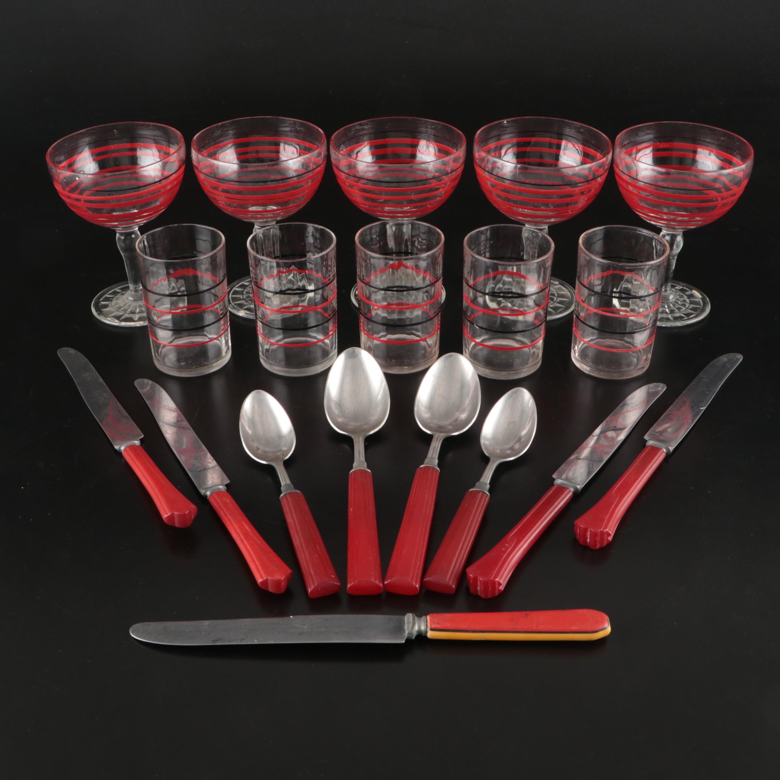 Anchor Hocking Banded Glasses with Other Coupes and Bakelite Flatware