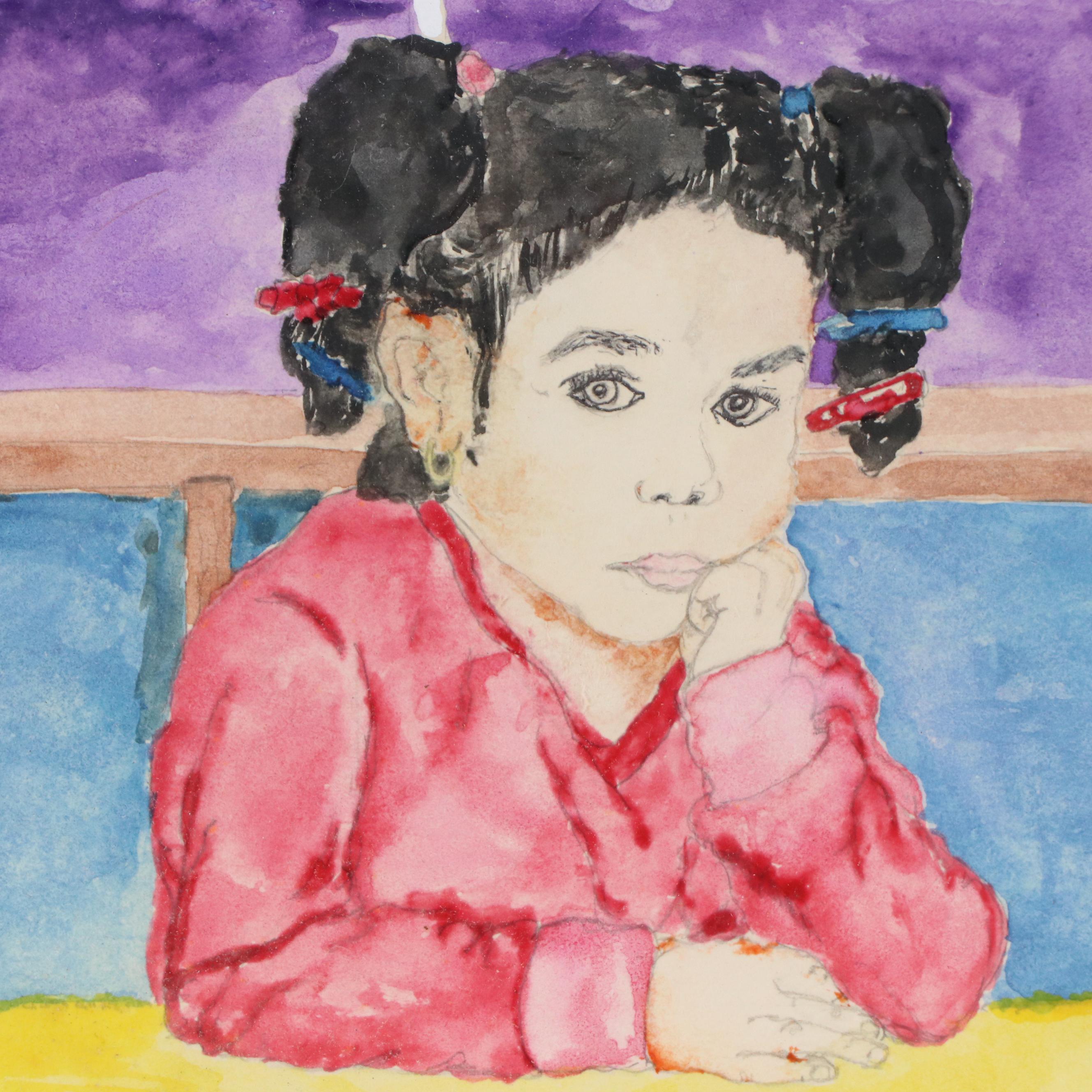 Watercolor Portrait Painting of Girl Seated at Table, Circa 2010