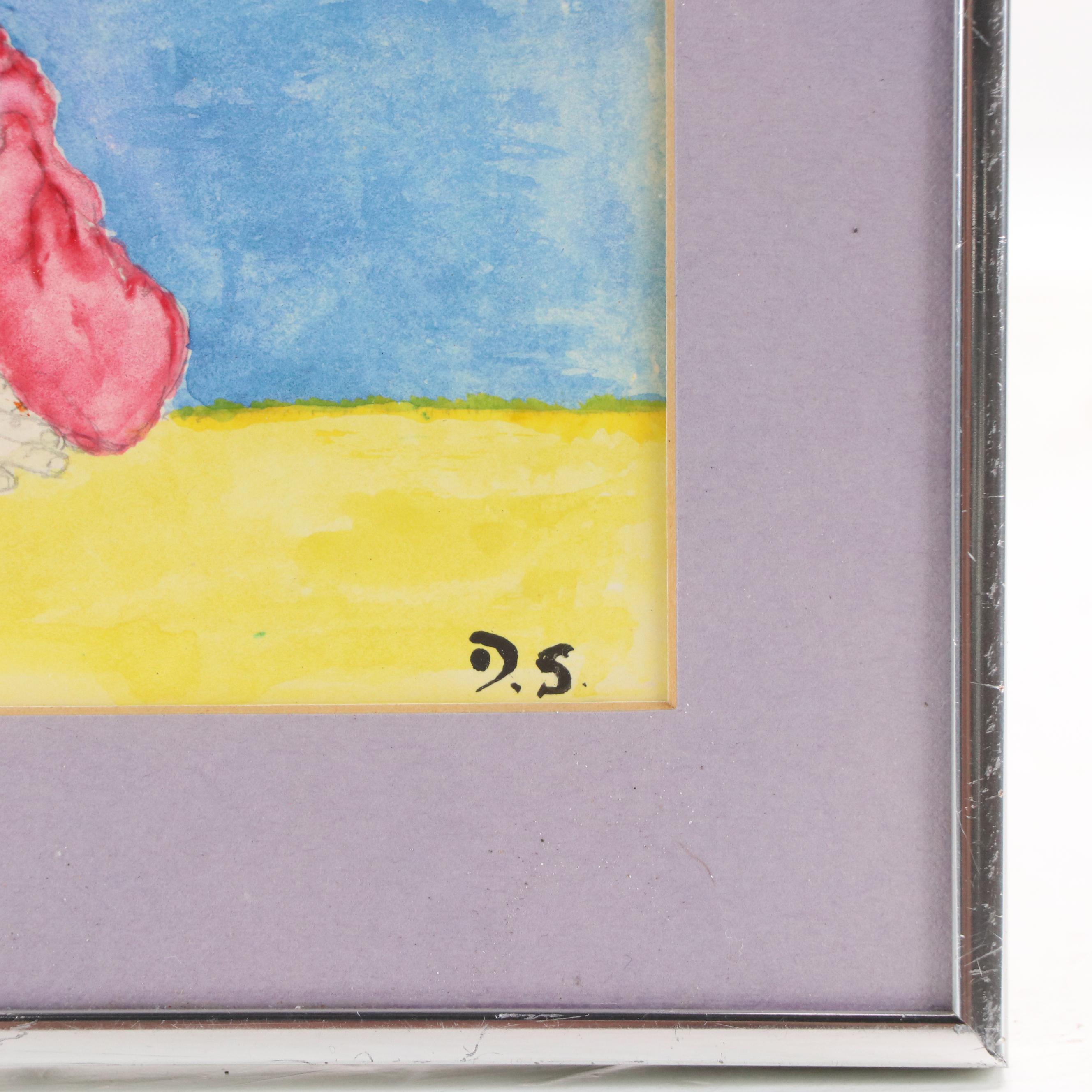 Watercolor Portrait Painting of Girl Seated at Table, Circa 2010