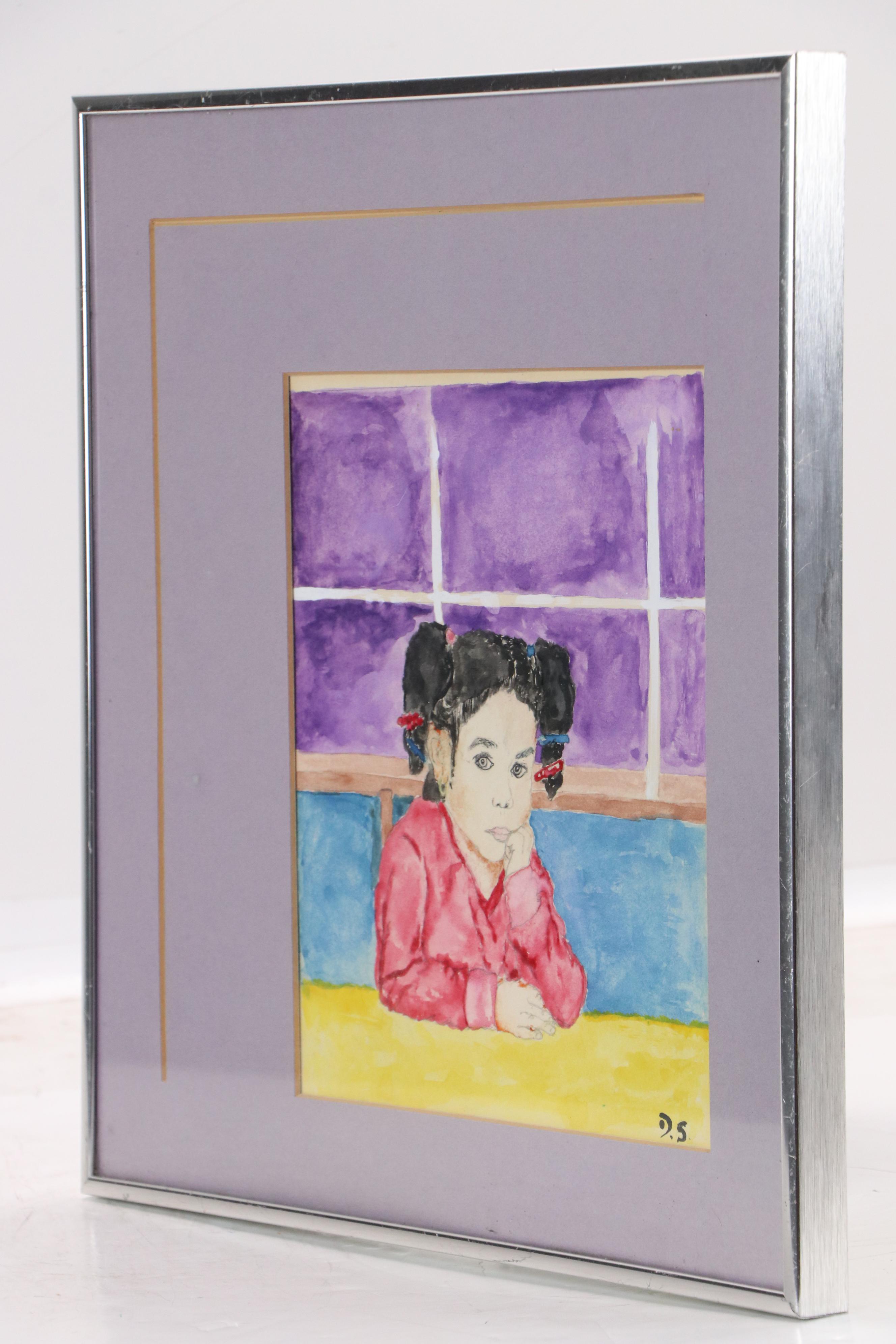 Watercolor Portrait Painting of Girl Seated at Table, Circa 2010