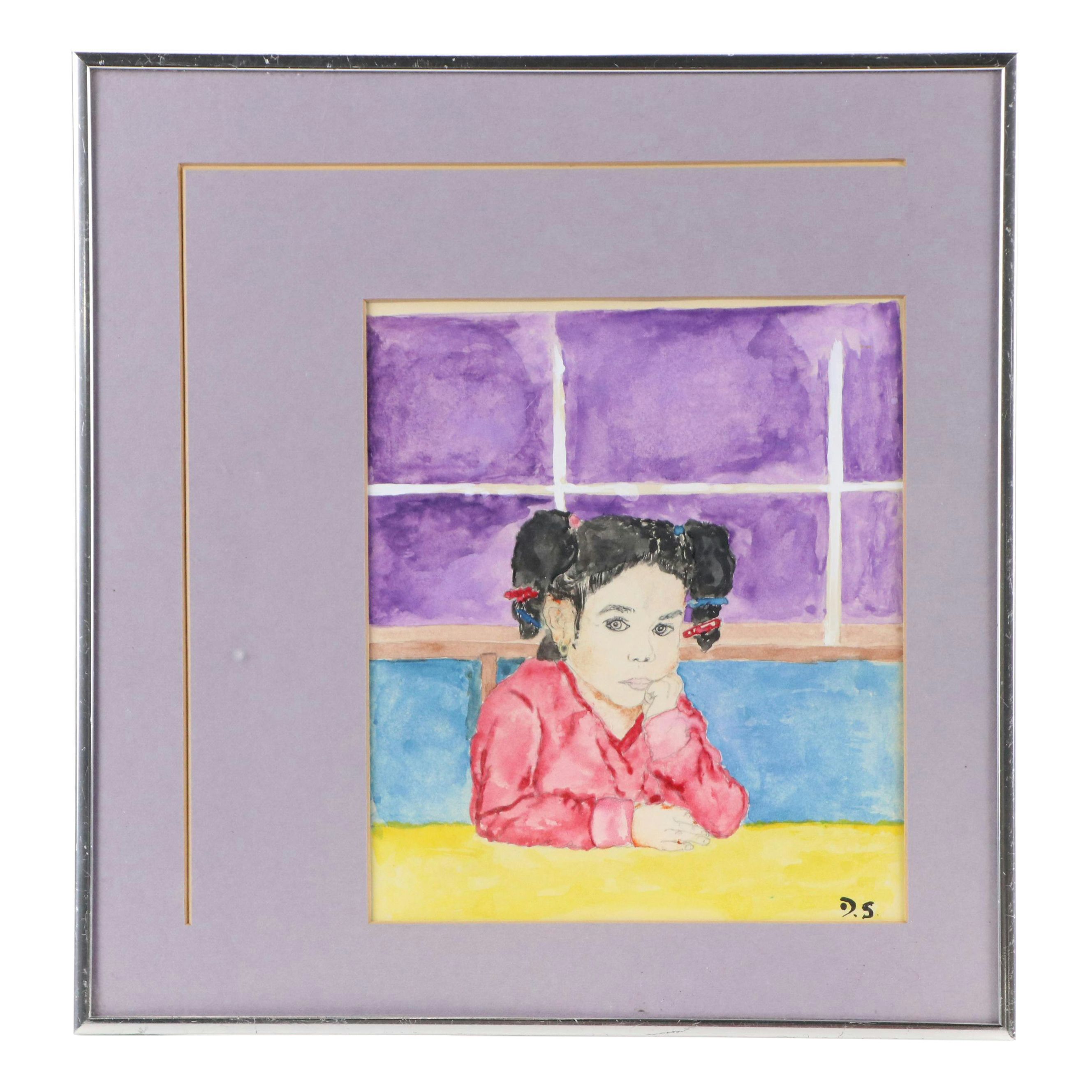 Watercolor Portrait Painting of Girl Seated at Table, Circa 2010