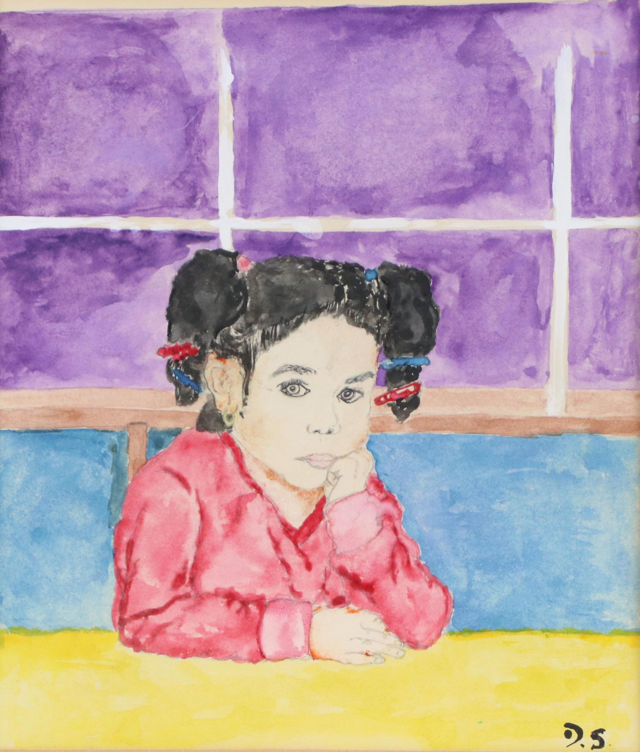 Watercolor Portrait Painting of Girl Seated at Table, Circa 2010