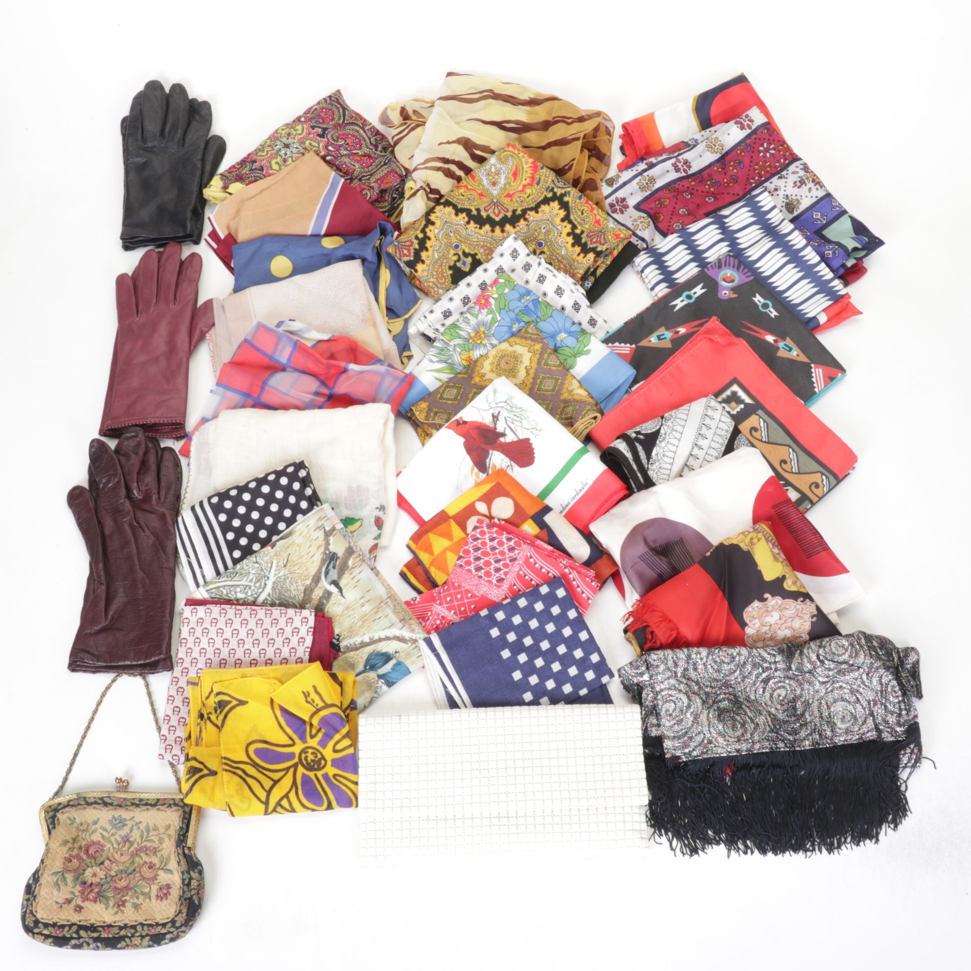 Creme Mod Square Mesh Clutch with Tapestry Purse, Silk Scarves, Gloves and More