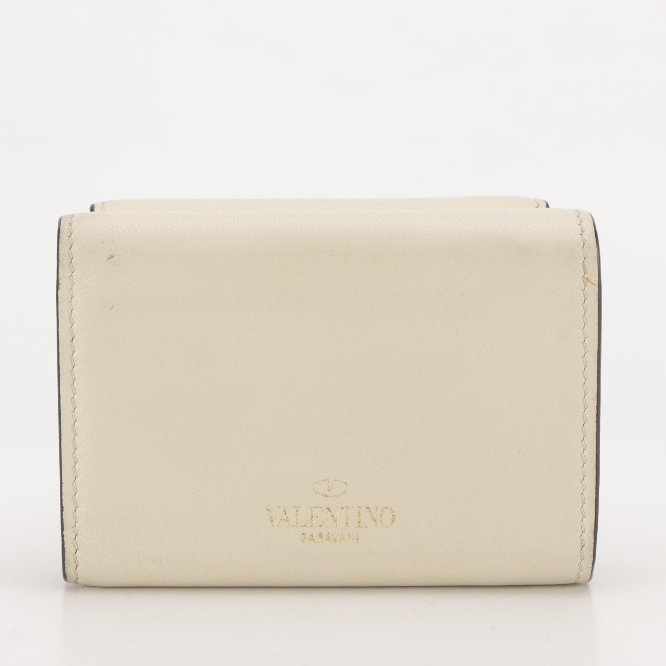 Valentino Garavani Trifold Compact Wallet in Ivory Rockstud Calfskin, With Box