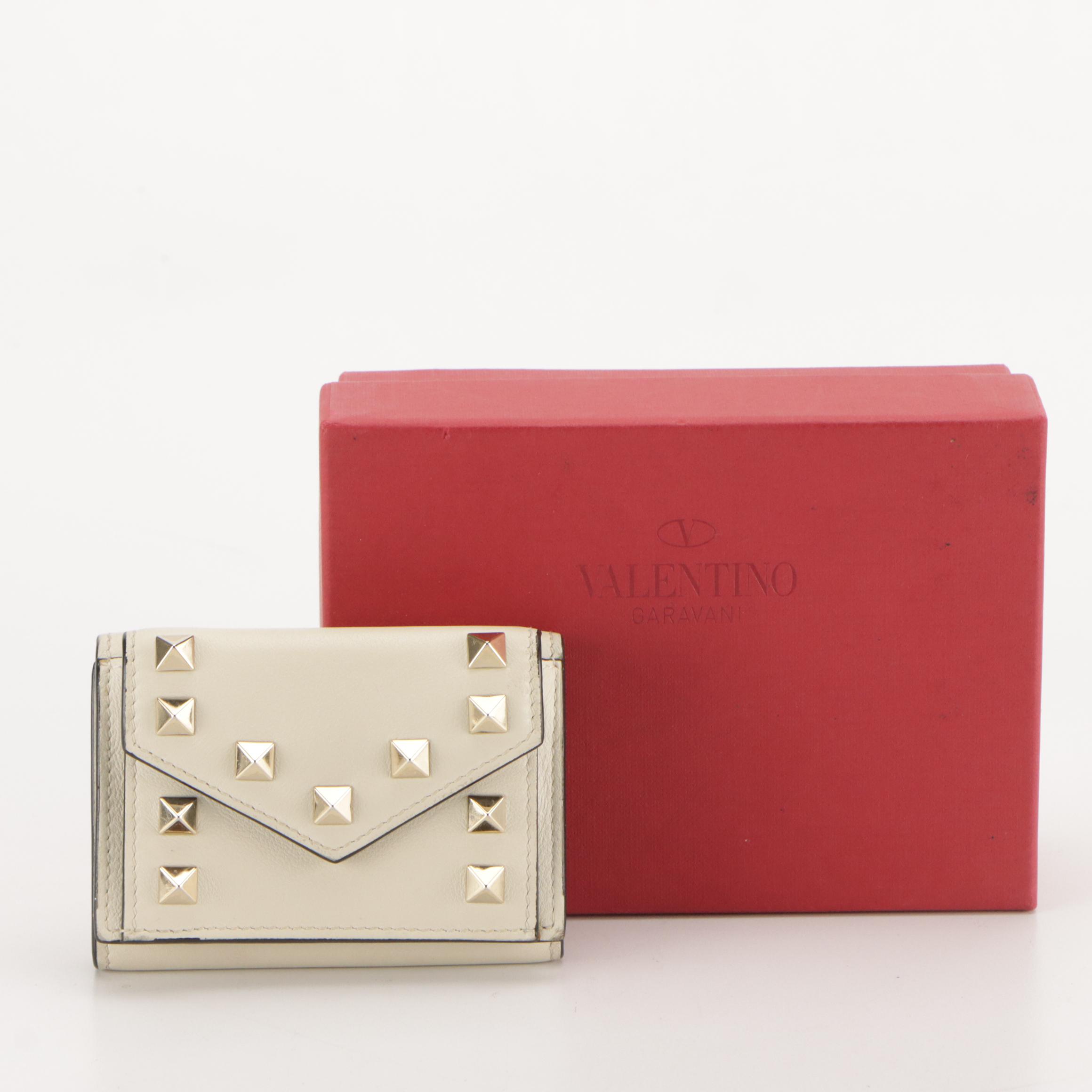 Valentino Garavani Trifold Compact Wallet in Ivory Rockstud Calfskin, With Box