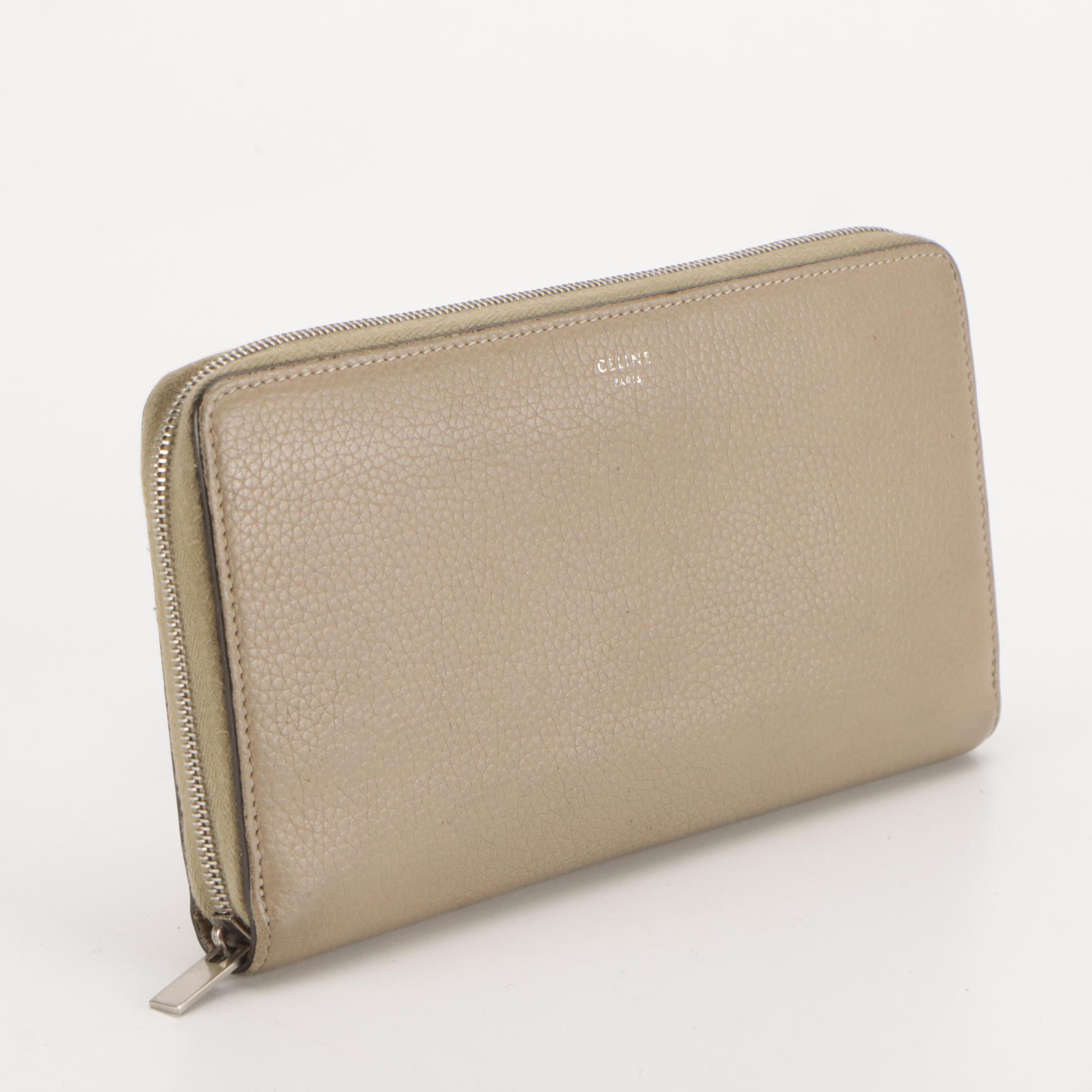 Céline Zip-Around Wallet in Taupe Beige Grained Leather, With Box