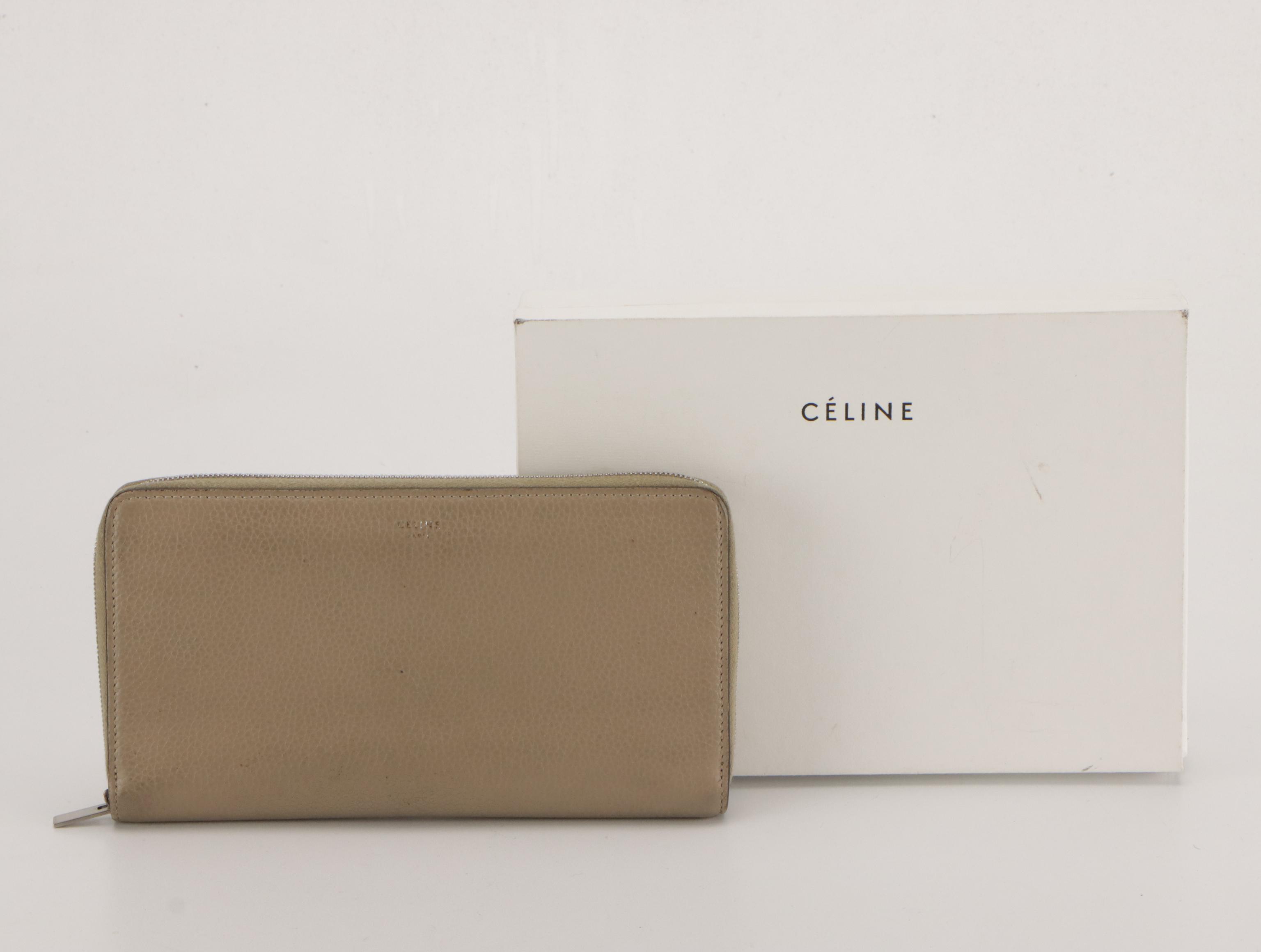 Céline Zip-Around Wallet in Taupe Beige Grained Leather, With Box