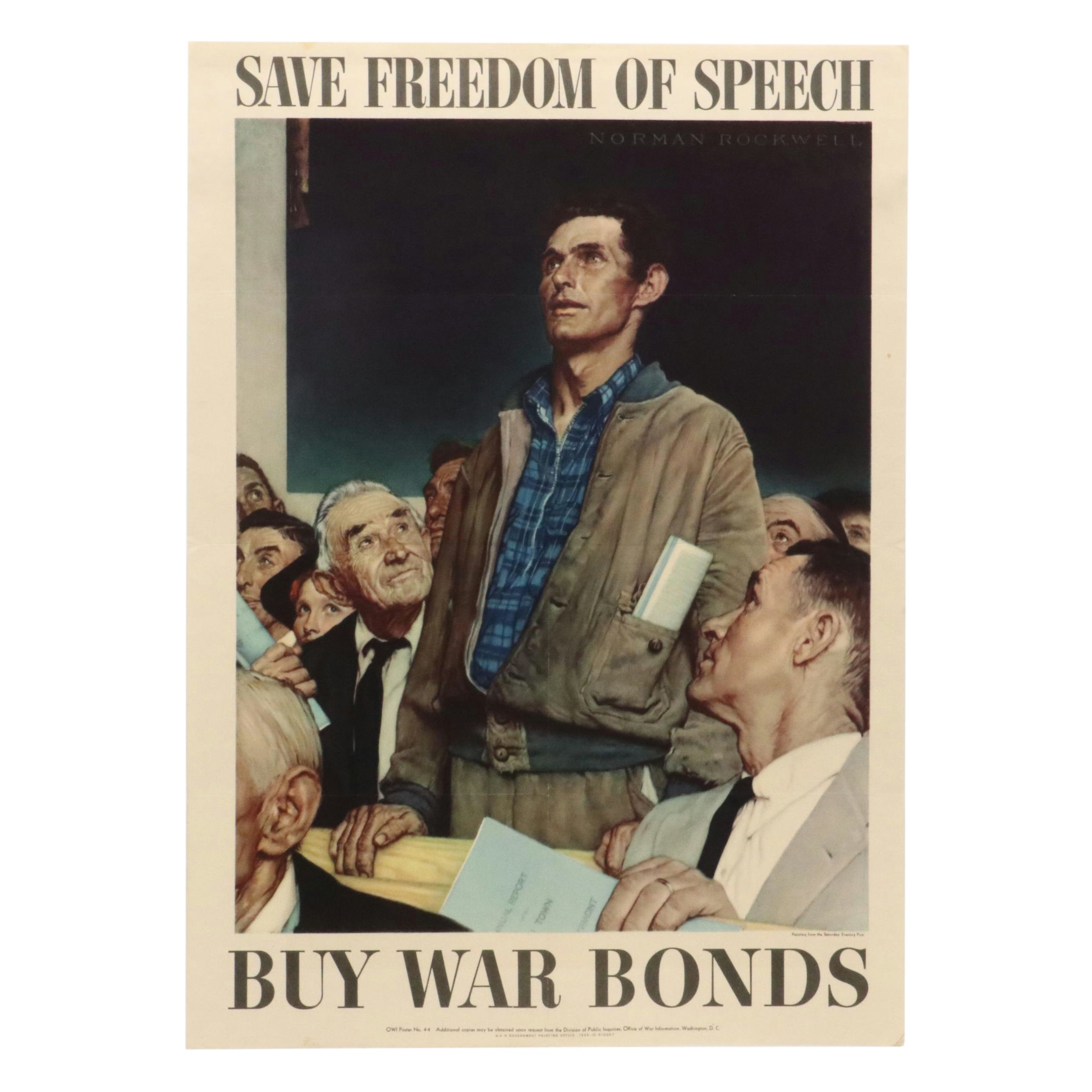 WWII OWI War Bonds Poster After Norman Rockwell "Save Freedom of Speech," 1943