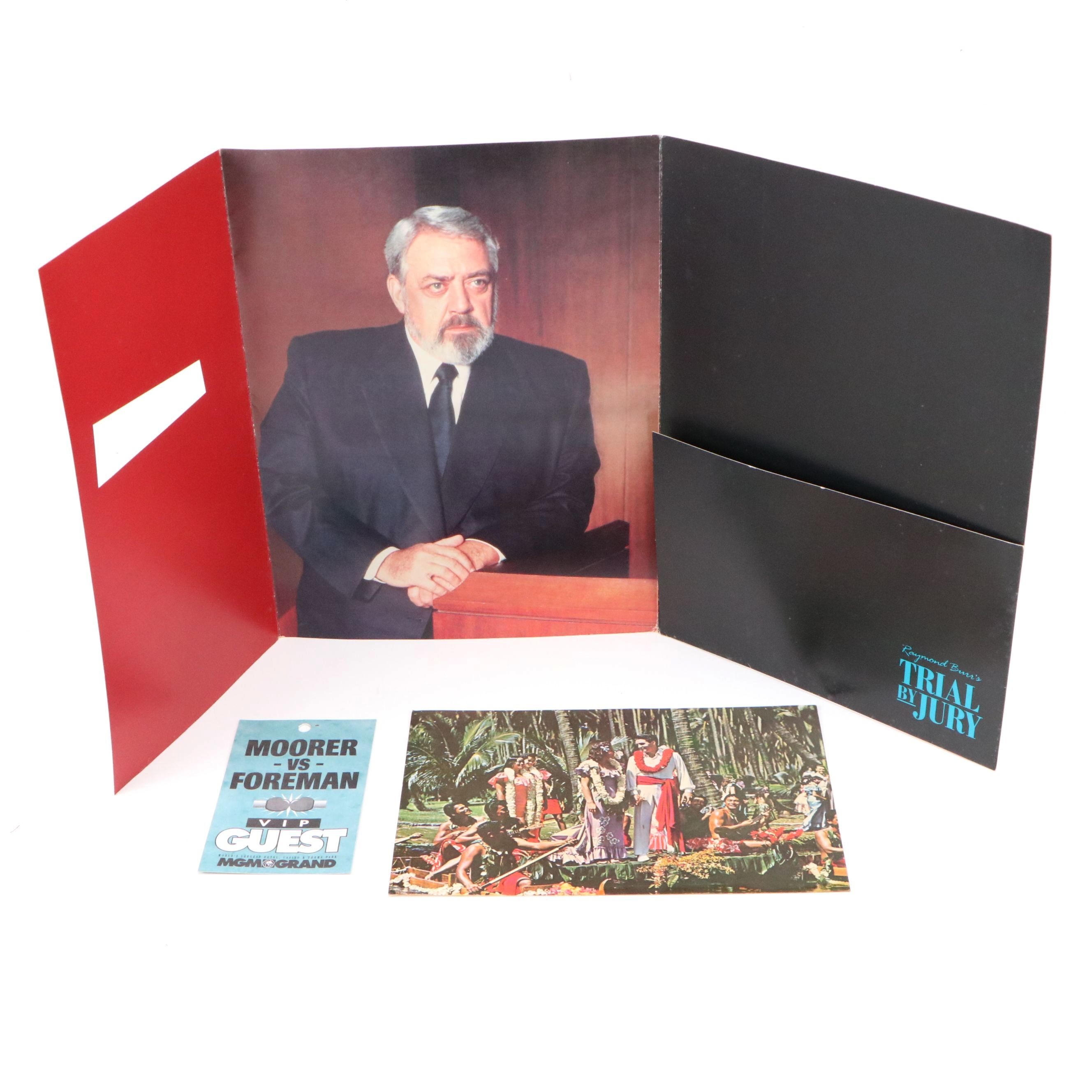 "Trial by Jury" Raymond Burr Folder, "Blue Hawaii" Postcard with VIP Pass